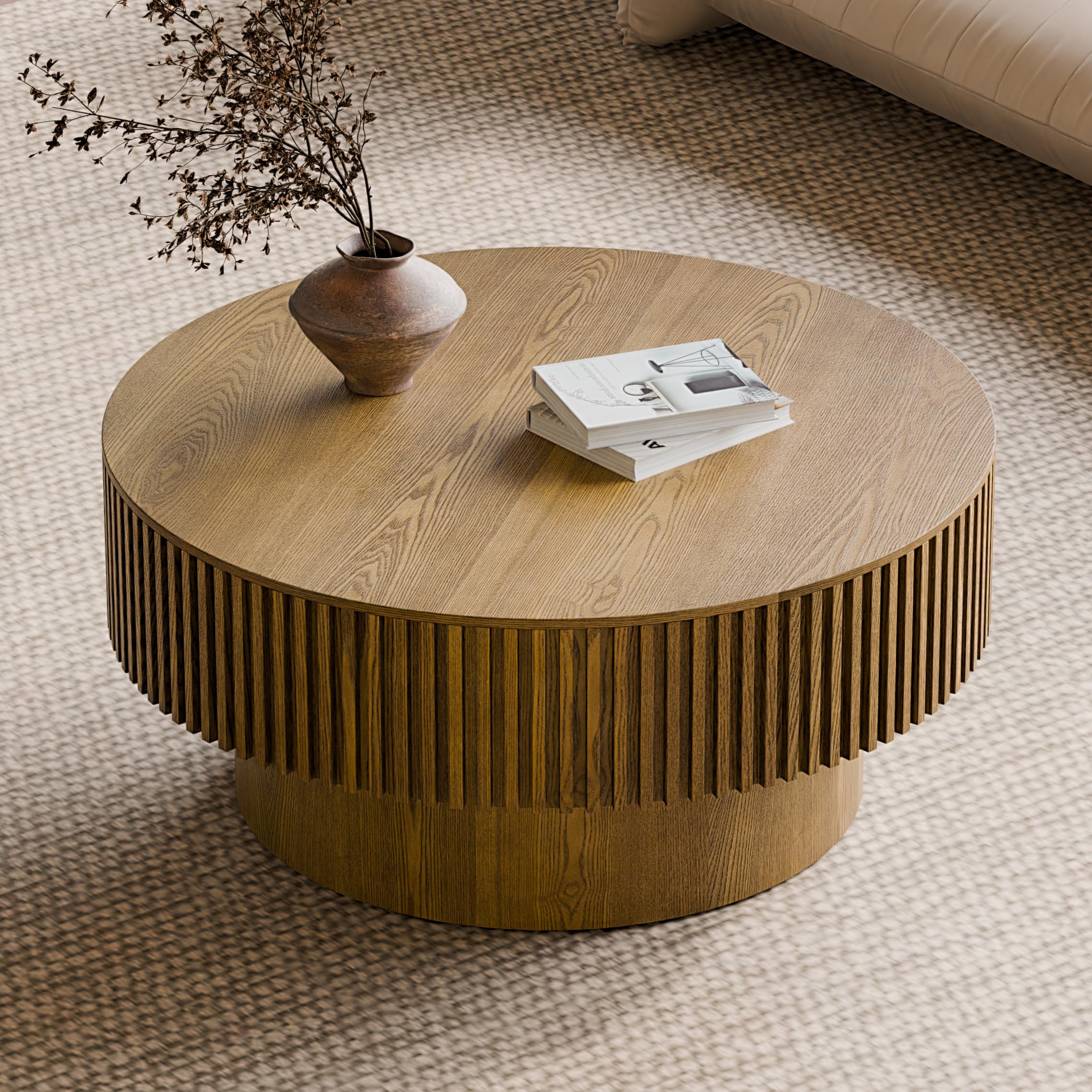 31" Round Coffee Table for Living Room, Mid Century Modern Coffee Table with Sturdy Pedestal, Circle Center Table Accent Tea Table for Apartment Walnut