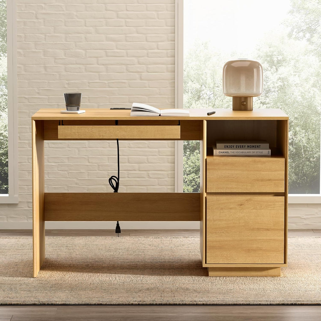 EYYTHUNG Home Office Desk, 47" Farmhouse Executive Desk with File Drawer & Outlet, Wood Computer Desks with Keyboard Tray, Workspace for Study Writing, Natural Oak