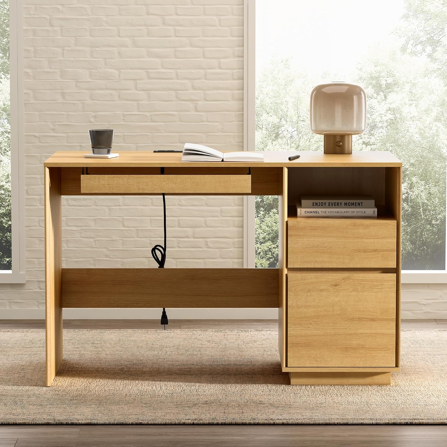 EYYTHUNG Home Office Desk, 47" Farmhouse Executive Desk with File Drawer & Outlet, Wood Computer Desks with Keyboard Tray, Workspace for Study Writing, Natural Oak