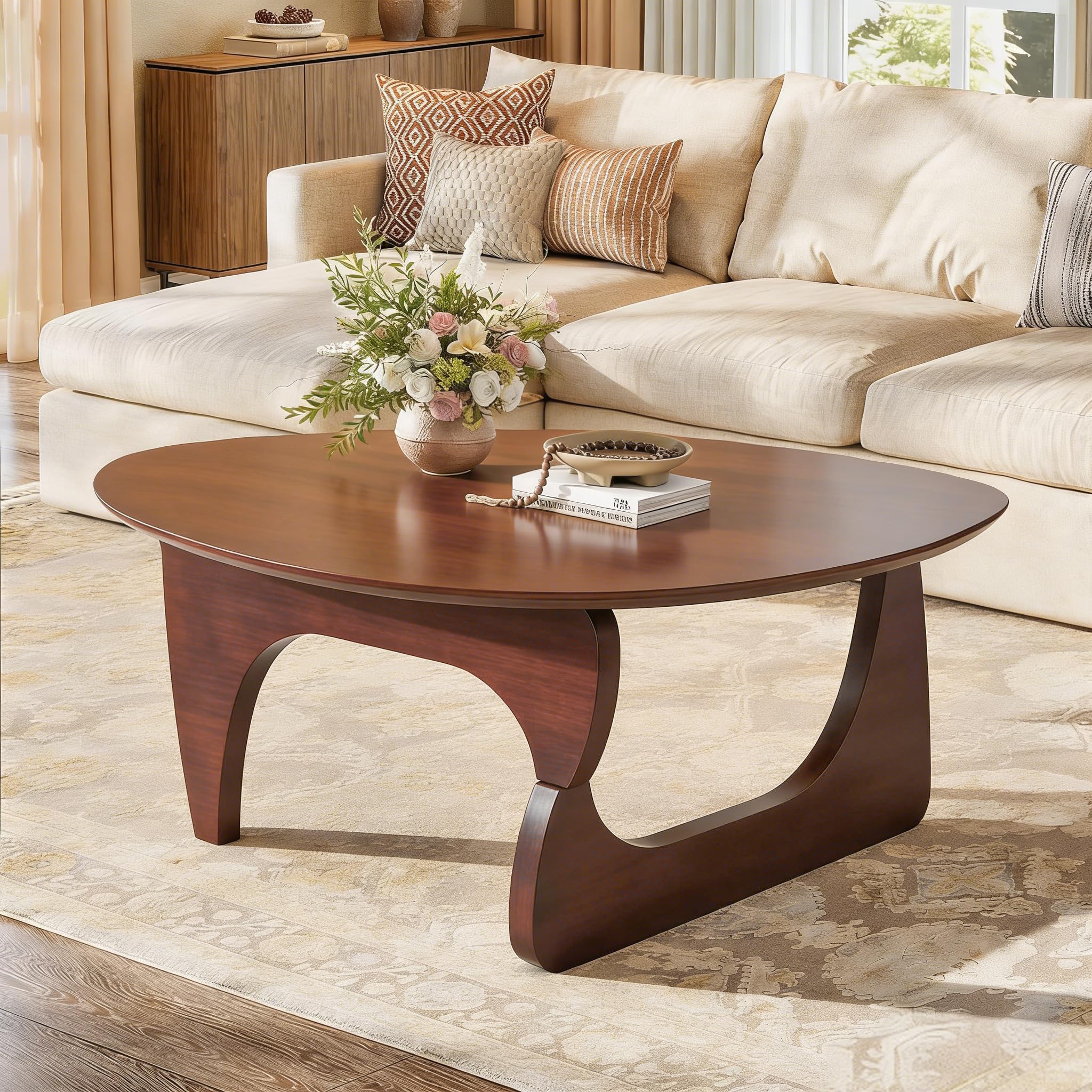 Wood Coffee Table, Mid Century Modern Triangle Coffee Table for Living Room, Rustic Solid Wood Legs and Tabletop, Farmhouse Walnut Accent Center Table for Small Spaces