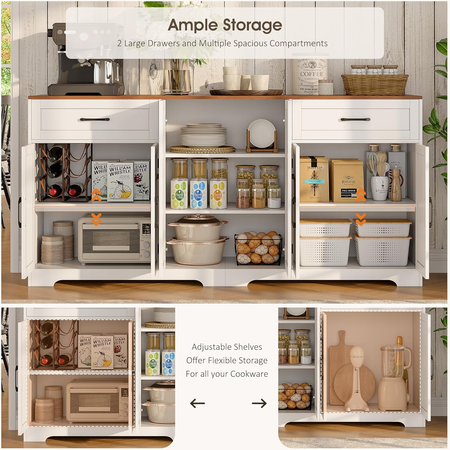 Whalefall 71" Farmhouse Sideboard Buffet Cabinet with Storage, Large Coffee Bar with 2 Drawers & 6 Doors, Kitchen Storage Credenza with Adjustable Shelves for Dining Room, White