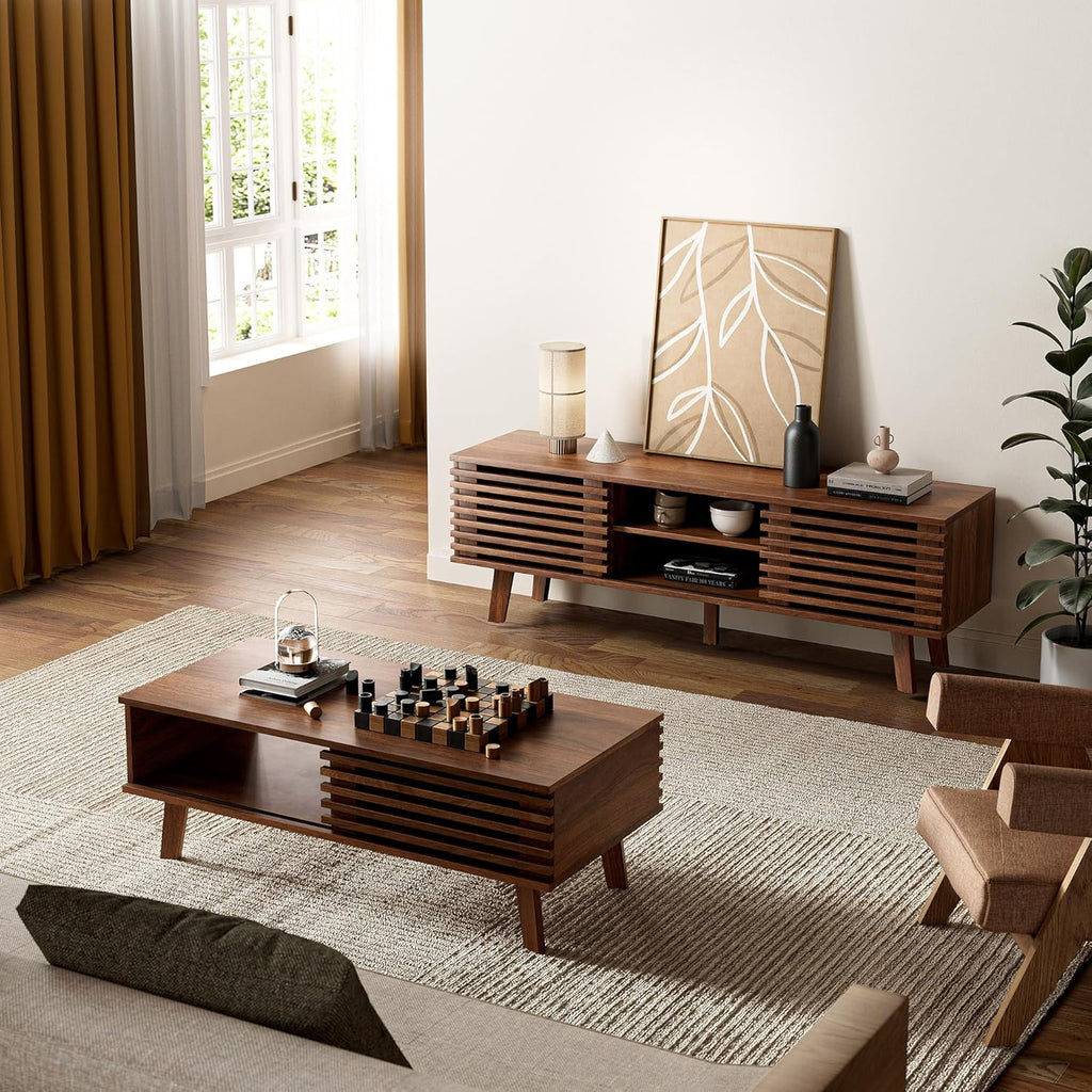 MAISONARIA Mid Century Coffee Table with Storage & Sliding Fence Door, Modern Coffee Tables for Living Room, Walnut Finish