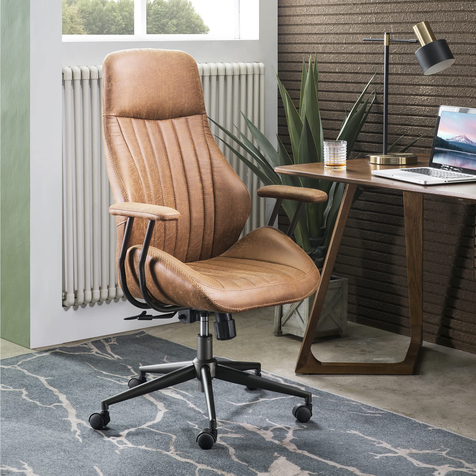 ovios Ergonomic Office Chair, Mid Back Faux Leather Executive Chairs with Armrests, Comfy Mid-Century Modern Swivel Rolling Computer Armchair (Brown, Suede Leather)