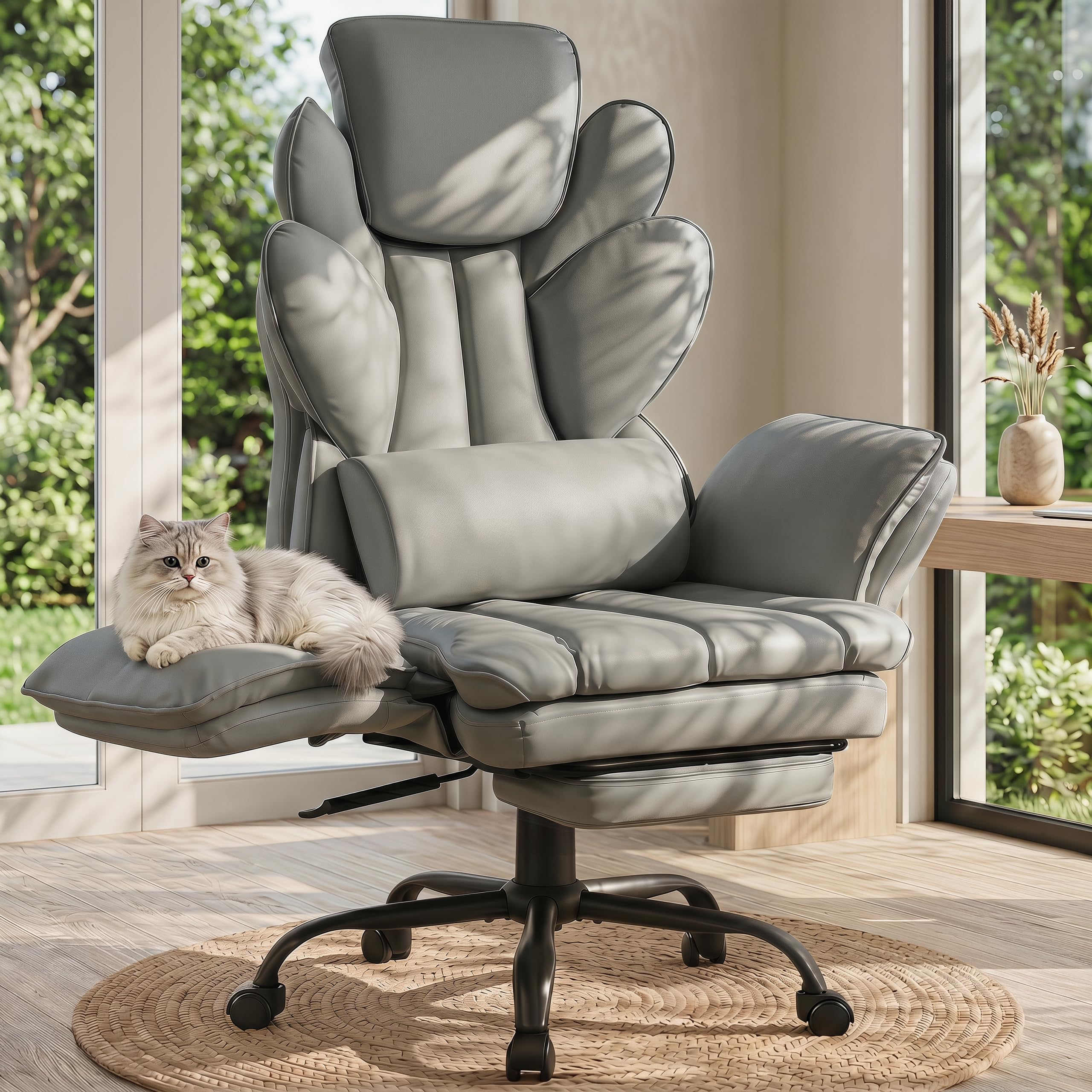 Flip Armrests Criss Cross Office Chair, Reclining Office Chair with Foot Rest, Adjustable Headrest, Massage Waist Pillow, Cross Legged Big and Tall Desk Chair Wide Seat Vanity Chair, PU Leather White