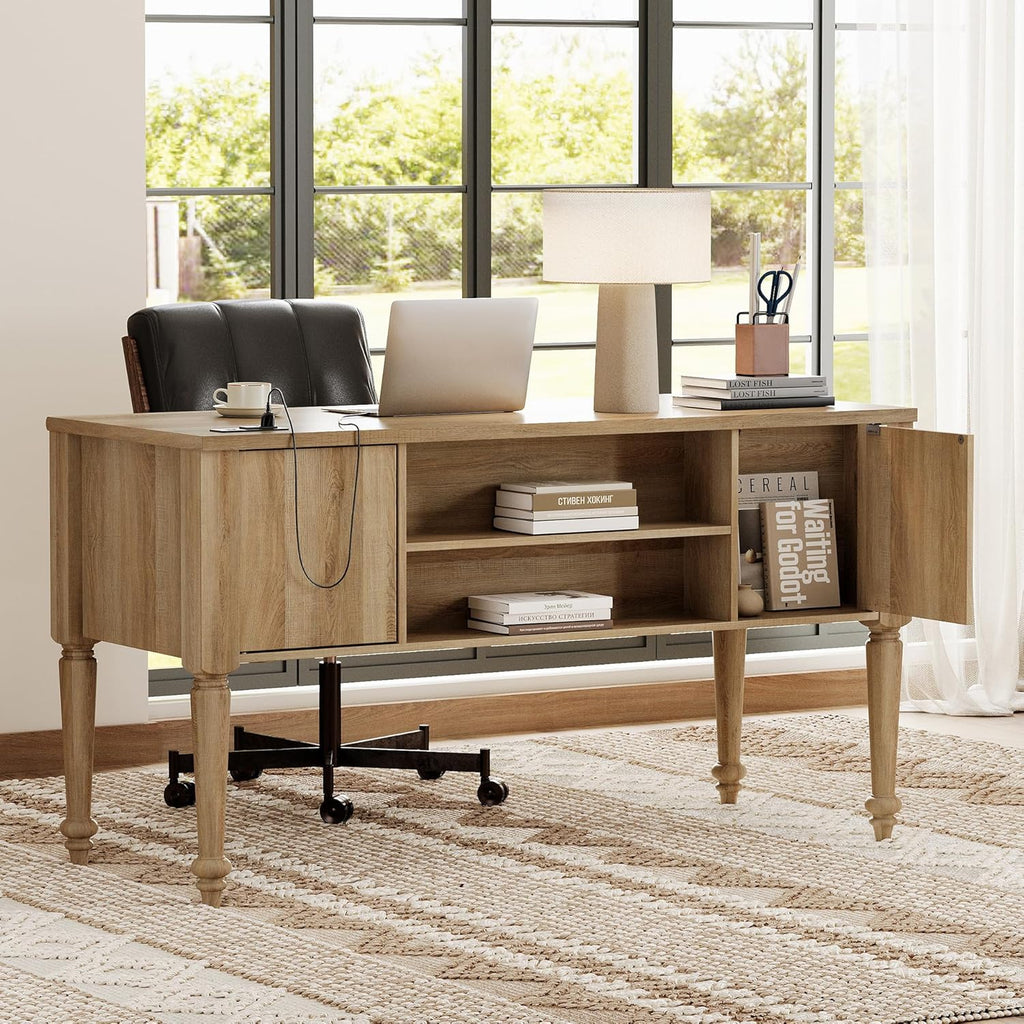 WAMAPT Farmhouse Executive Desk with Drawers, Vintage Writing Desk with Charging Station, Home Office Desk with Storage Cabinet & Open Shelf for Study, 56 Inch, Oak