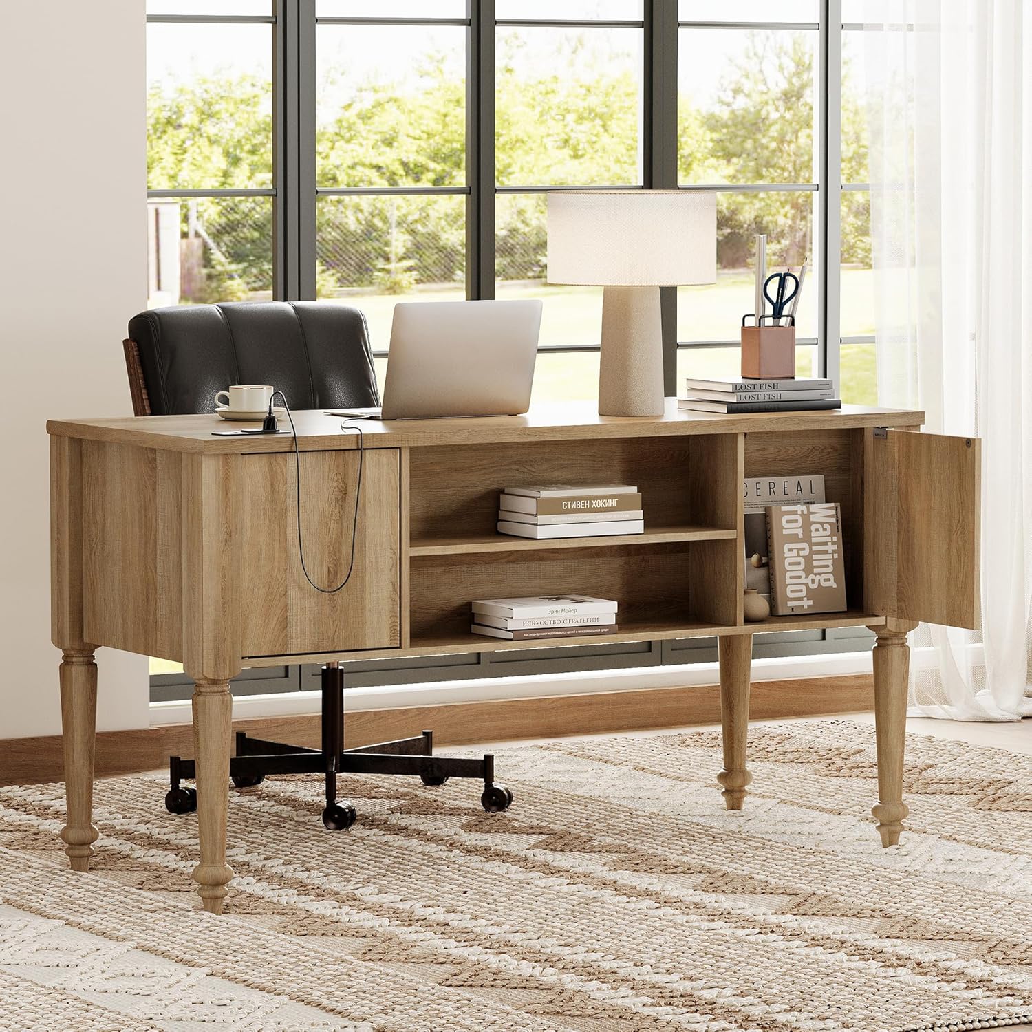 WAMAPT Farmhouse Executive Desk with Drawers, Vintage Writing Desk with Charging Station, Home Office Desk with Storage Cabinet & Open Shelf for Study, 56 Inch, Oak