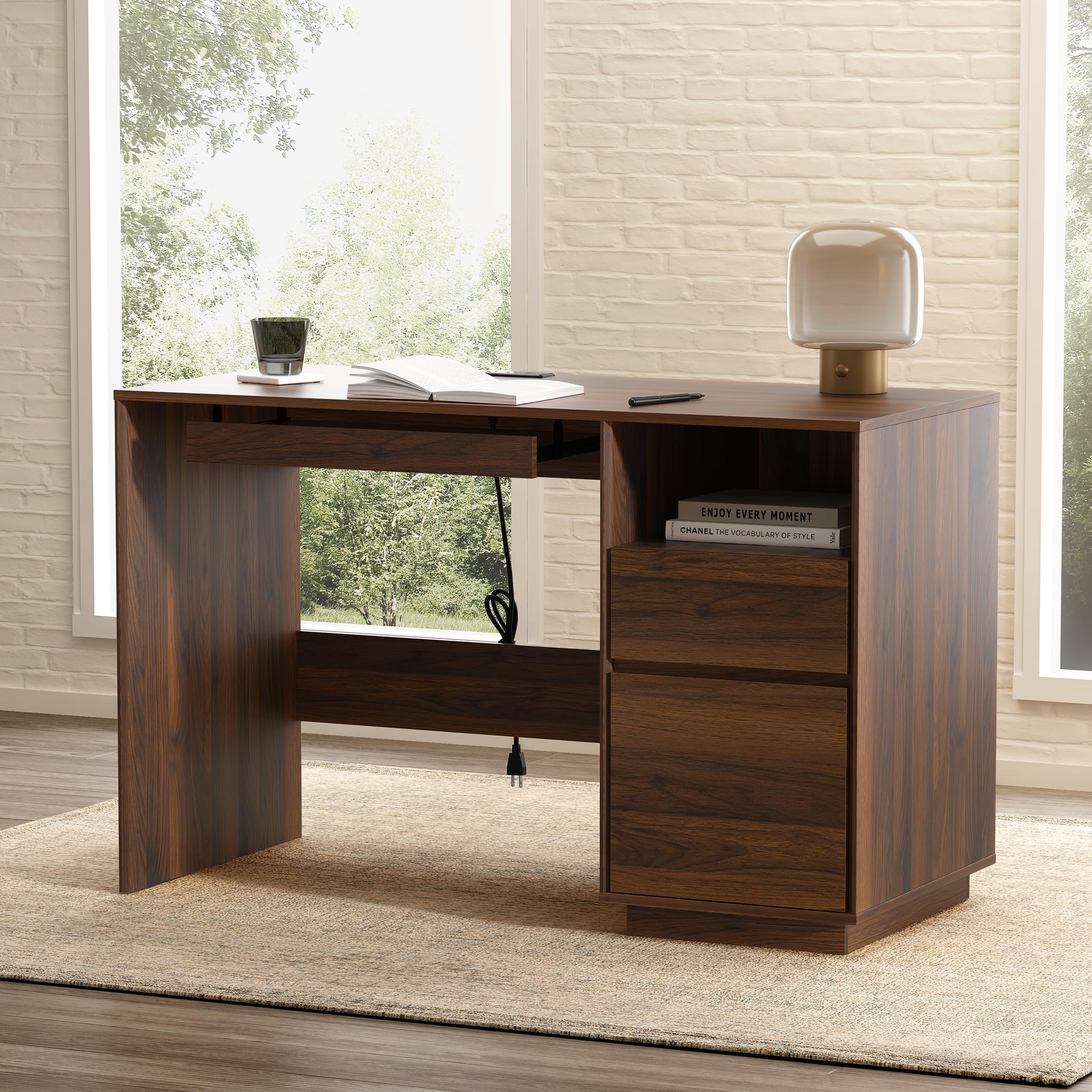 EYYTHUNG Home Office Desk, 47" Farmhouse Executive Desk with File Drawer & Outlet, Wood Computer Desks with Keyboard Tray, Workspace for Study Writing, Natural Oak