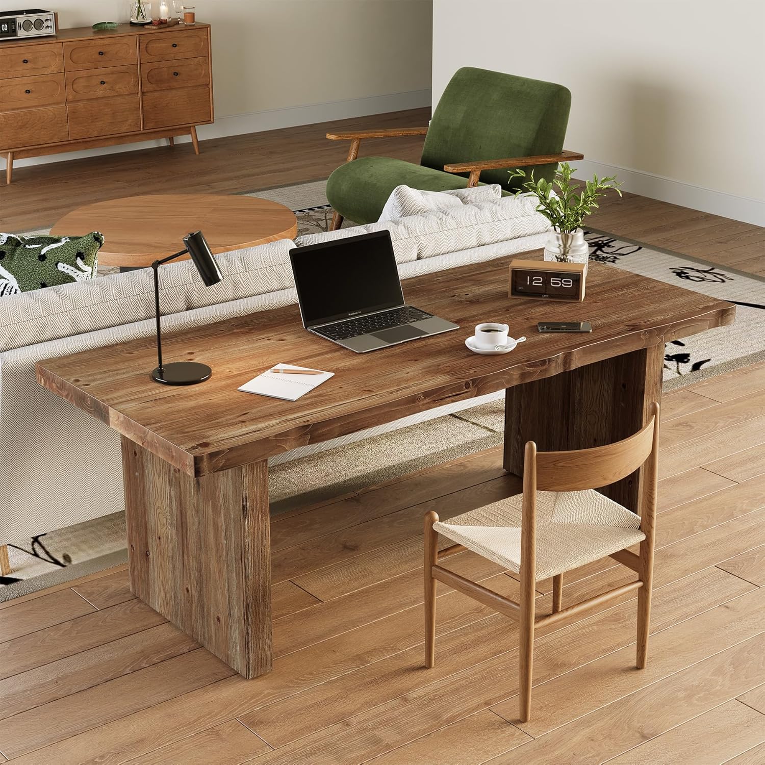 LITTLE TREE 63" Solid Wood Office Desk, Farmhouse Executive Computer Desk, Large Work Writing Table, Rustic Brown Home Office Workstaticon, Business Furniture