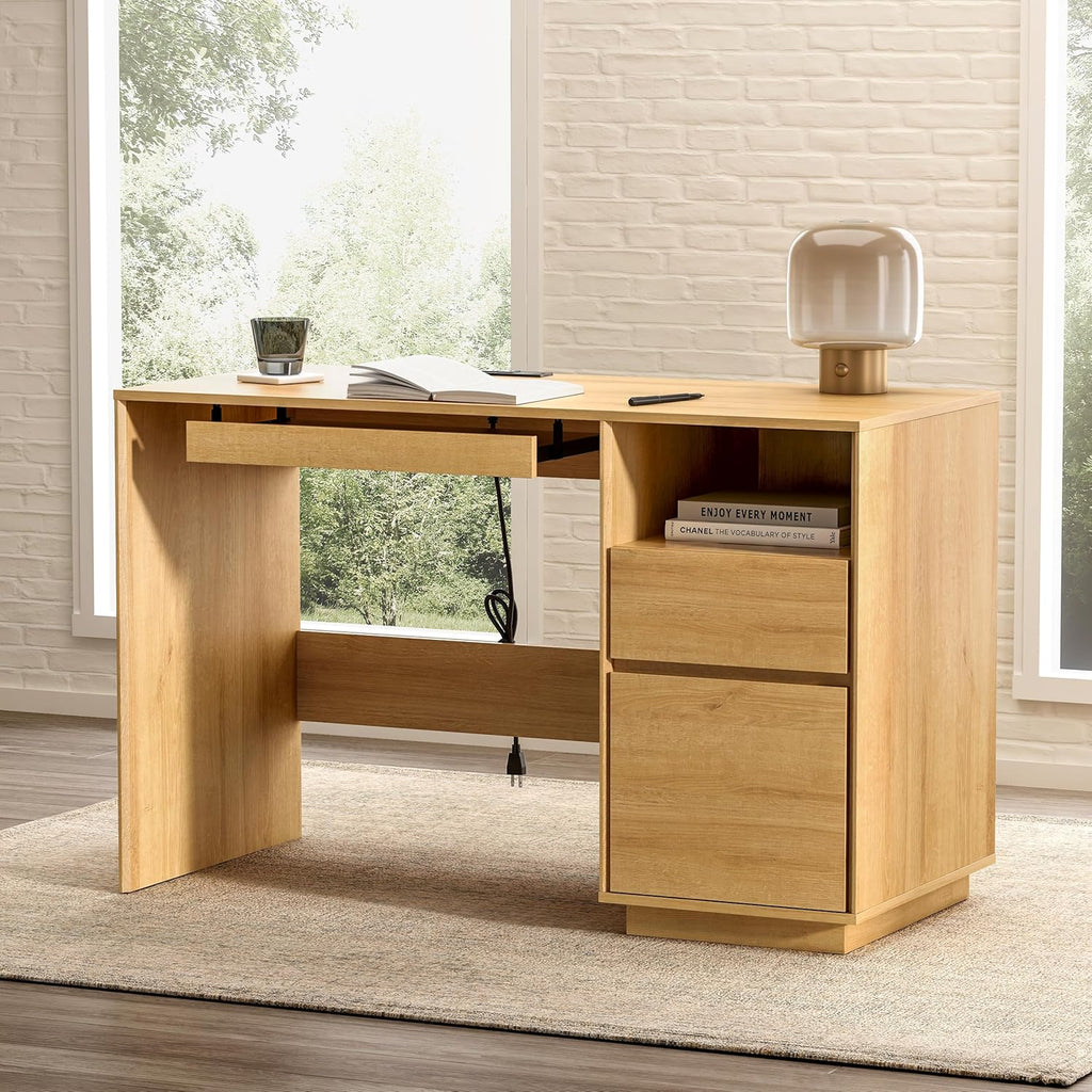 EYYTHUNG Home Office Desk, 47" Farmhouse Executive Desk with File Drawer & Outlet, Wood Computer Desks with Keyboard Tray, Workspace for Study Writing, Natural Oak