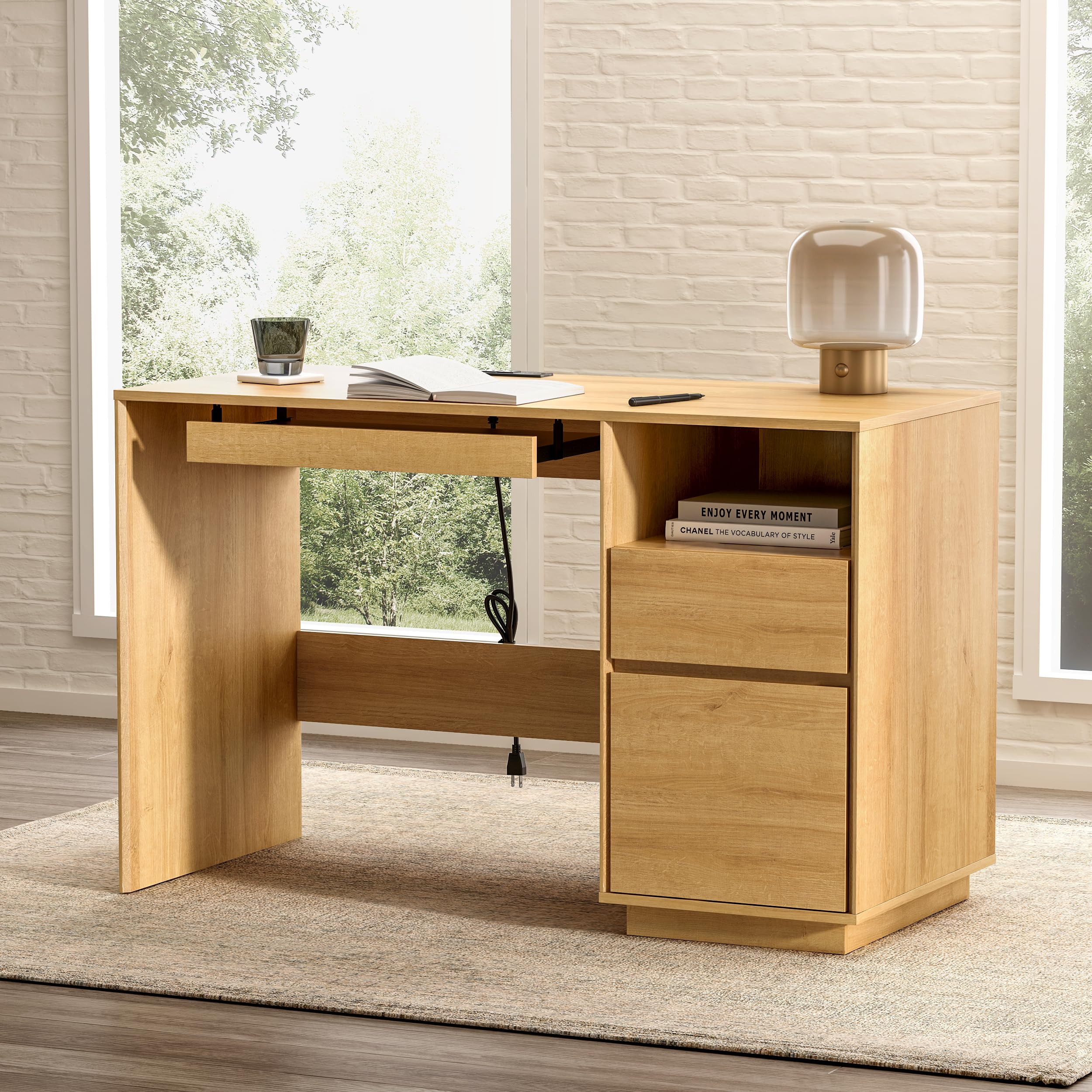 EYYTHUNG Home Office Desk, 47" Farmhouse Executive Desk with File Drawer & Outlet, Wood Computer Desks with Keyboard Tray, Workspace for Study Writing, Natural Oak