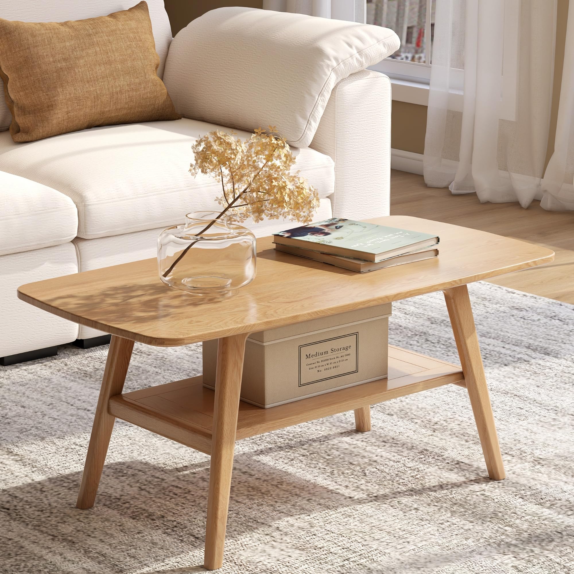 31.49" Solid Oak 2-Tier Walnut Mid Century Modern Coffee Table with Storage Shelf for Living Room