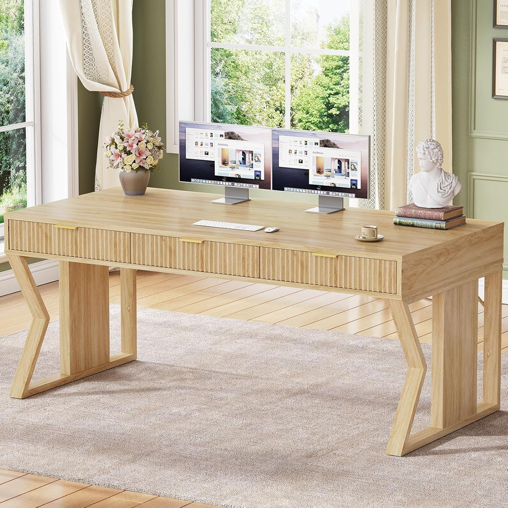 SEDETA 55" Executive Office Desk with 3 Drawers, Home Office Desk with Storage Drawers, Computer Writing Desk Study Table, Natural Oak