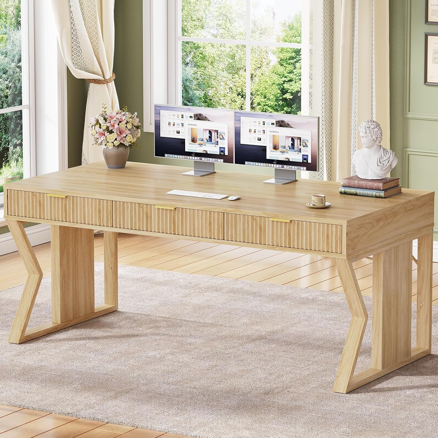 SEDETA 55" Executive Office Desk with 3 Drawers, Home Office Desk with Storage Drawers, Computer Writing Desk Study Table, Natural Oak