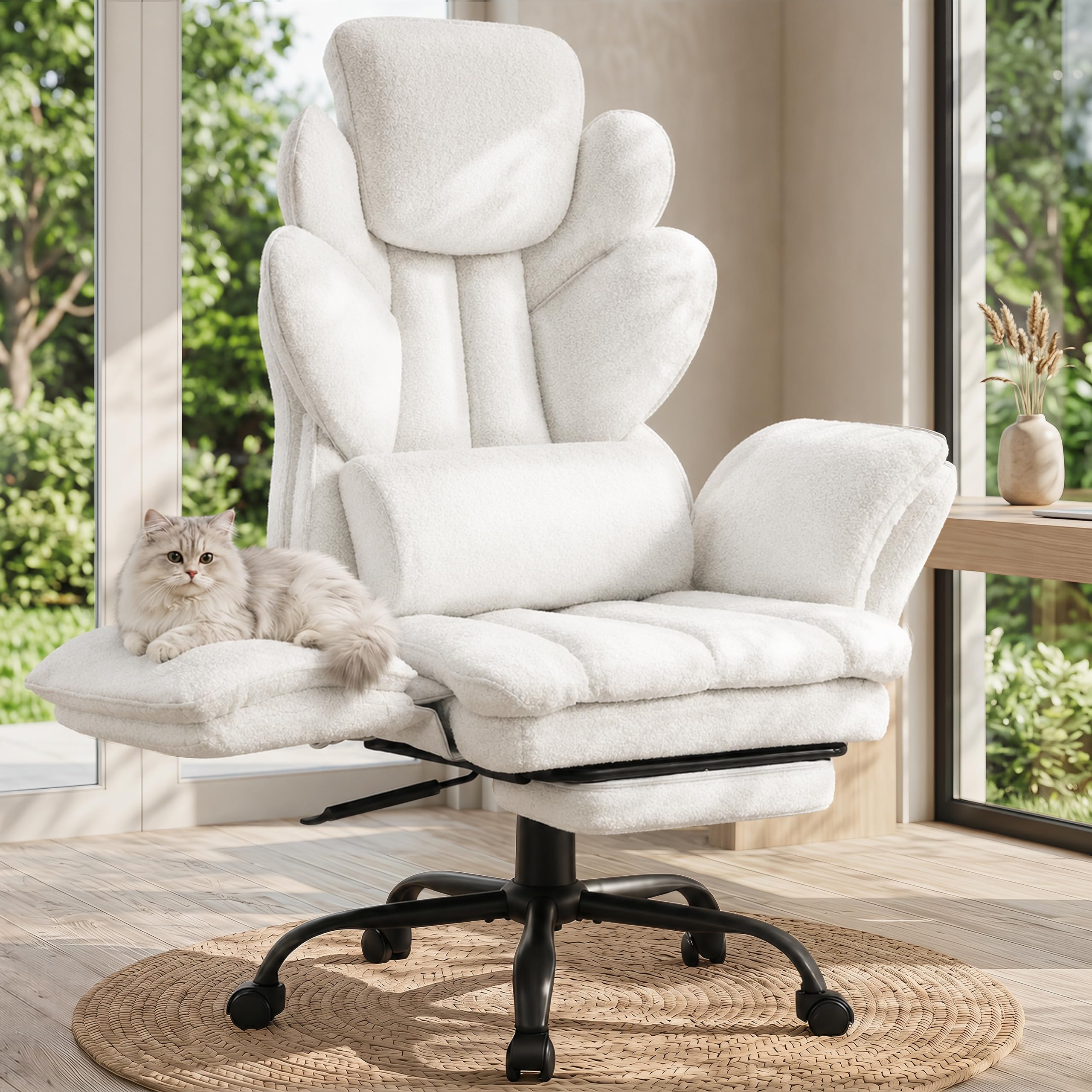 Flip Armrests Criss Cross Office Chair, Reclining Office Chair with Foot Rest, Adjustable Headrest, Massage Waist Pillow, Cross Legged Big and Tall Desk Chair Wide Seat Vanity Chair, PU Leather White