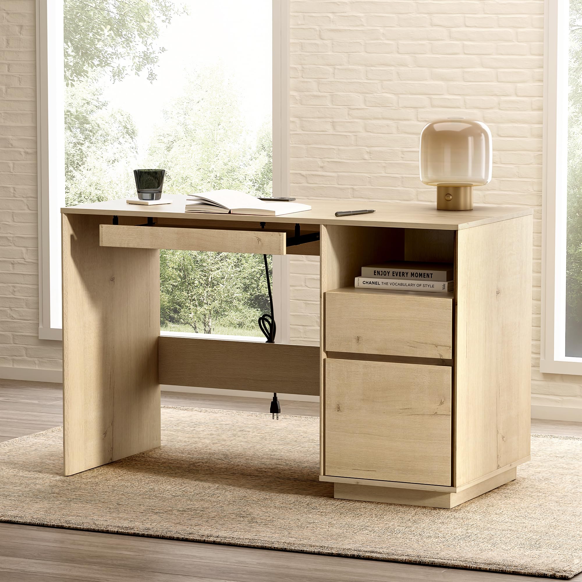 EYYTHUNG Home Office Desk, 47" Farmhouse Executive Desk with File Drawer & Outlet, Wood Computer Desks with Keyboard Tray, Workspace for Study Writing, Natural Oak