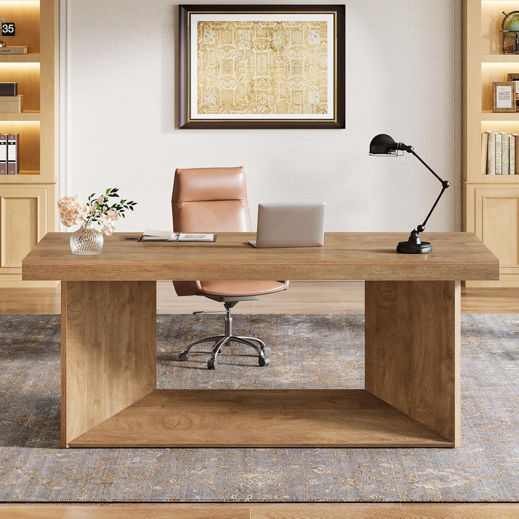 Tribesigns 63-Inch Executive Desk, Large Office Computer Desk with Heavy Duty Pedestal, Farmhouse Simple Workstations Writing Table for Home Office, Rustic Brown