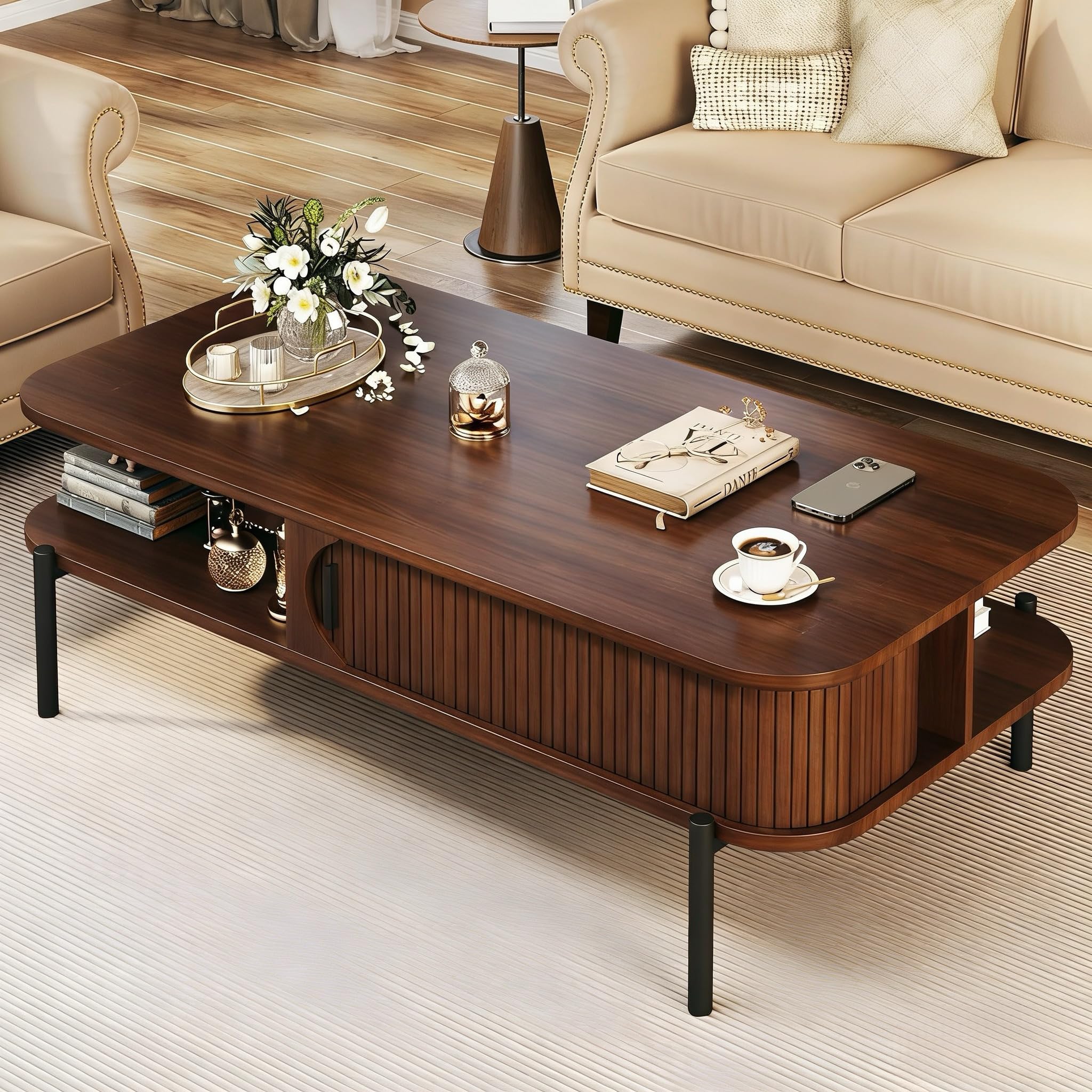 Coffee Table, 39.4" Mid Century Modern Coffee Tables for Living Room, Coffee Table with Storage Open Shelf, Fluted Table with Sliding Cabinet Door, 2-Tier Rustic Wood Desktop, Walnut