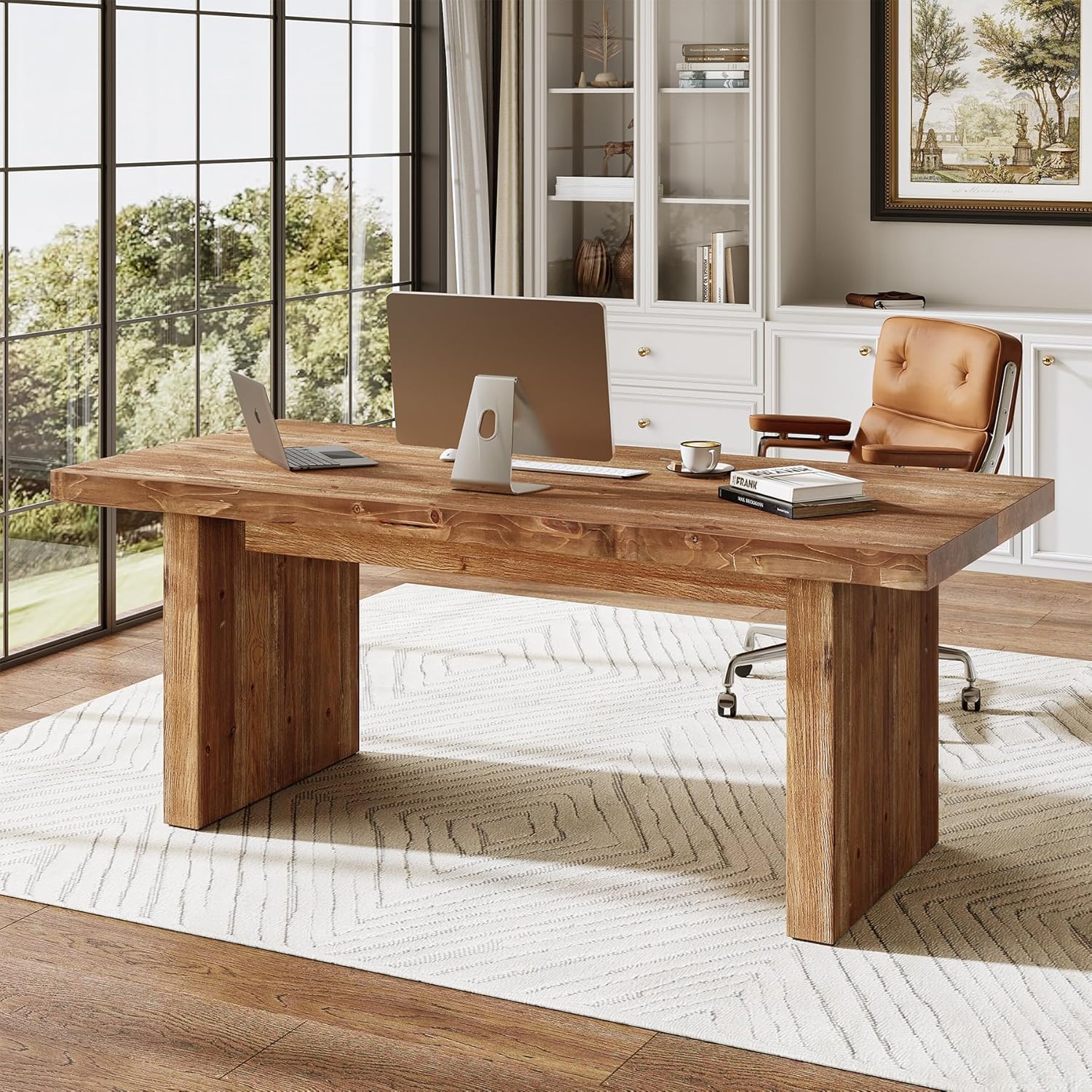 LITTLE TREE 63" Solid Wood Office Desk, Farmhouse Executive Computer Desk, Large Work Writing Table, Rustic Brown Home Office Workstaticon, Business Furniture