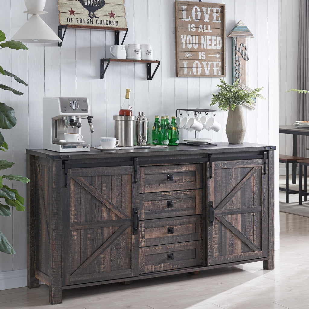 T4TREAM Farmhouse Sideboard Buffet Cabinet with Storage, 60" Large Kitchen Cabinet w/Sliding Barn Doors and 4 Drawers, 31.2'' Tall Rustic Wood Coffee Bar Table for Dining Room,Reclaimed Barnwood Color