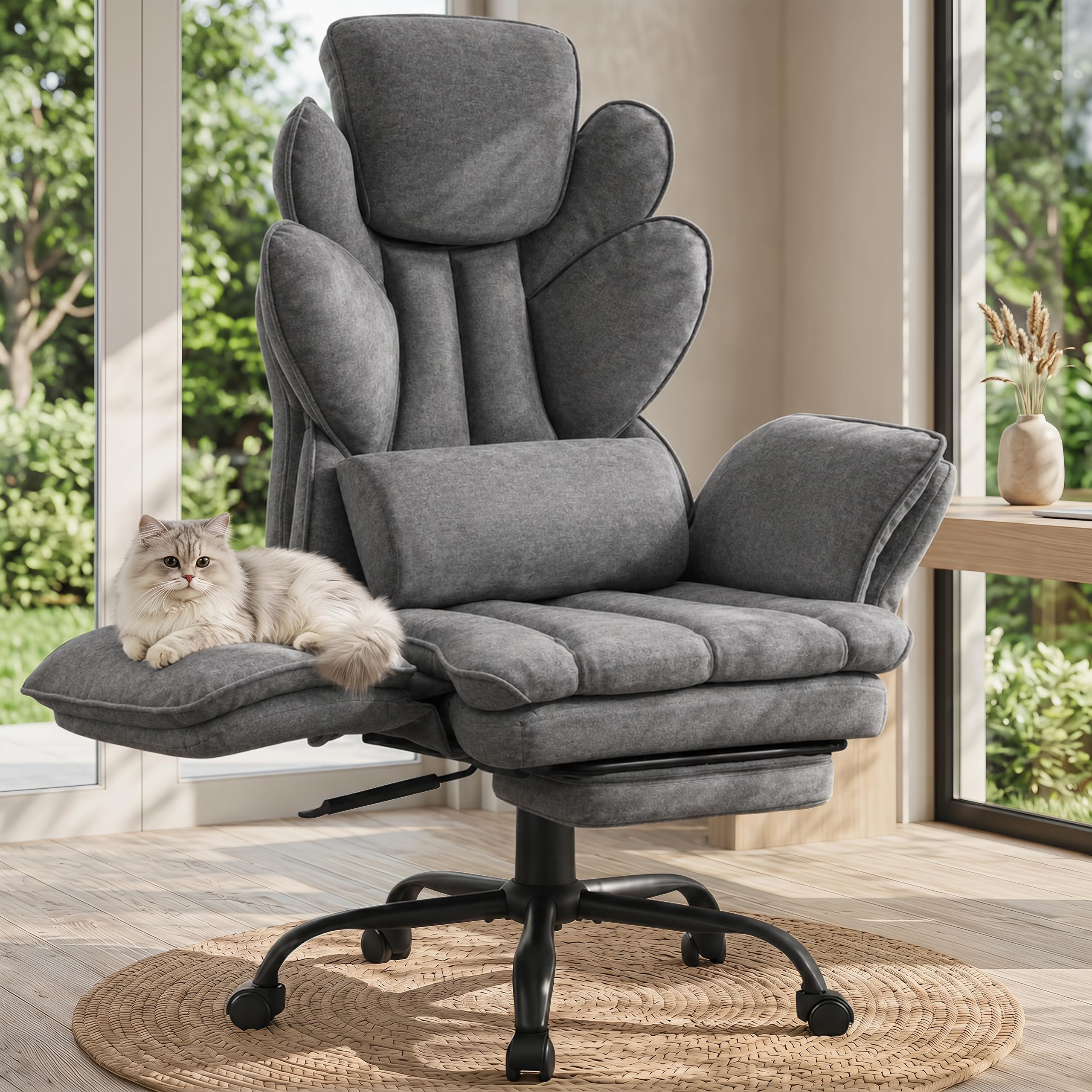 Flip Armrests Criss Cross Office Chair, Reclining Office Chair with Foot Rest, Adjustable Headrest, Massage Waist Pillow, Cross Legged Big and Tall Desk Chair Wide Seat Vanity Chair, PU Leather White
