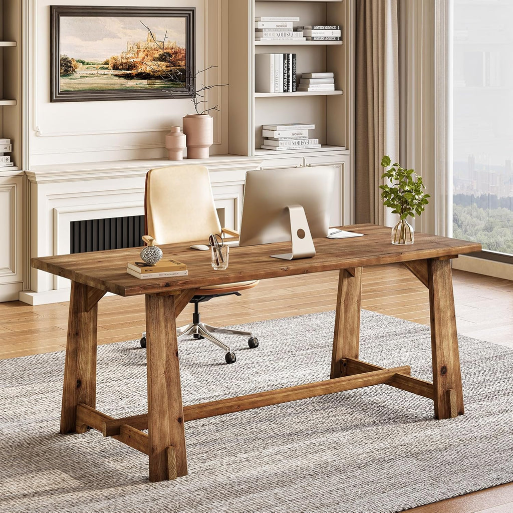 LITTLE TREE 63" Solid Wood Office Desk, Farmhouse Executive Computer Desk, Large Work Writing Table, Rustic Brown Home Office Workstaticon, Business Furniture