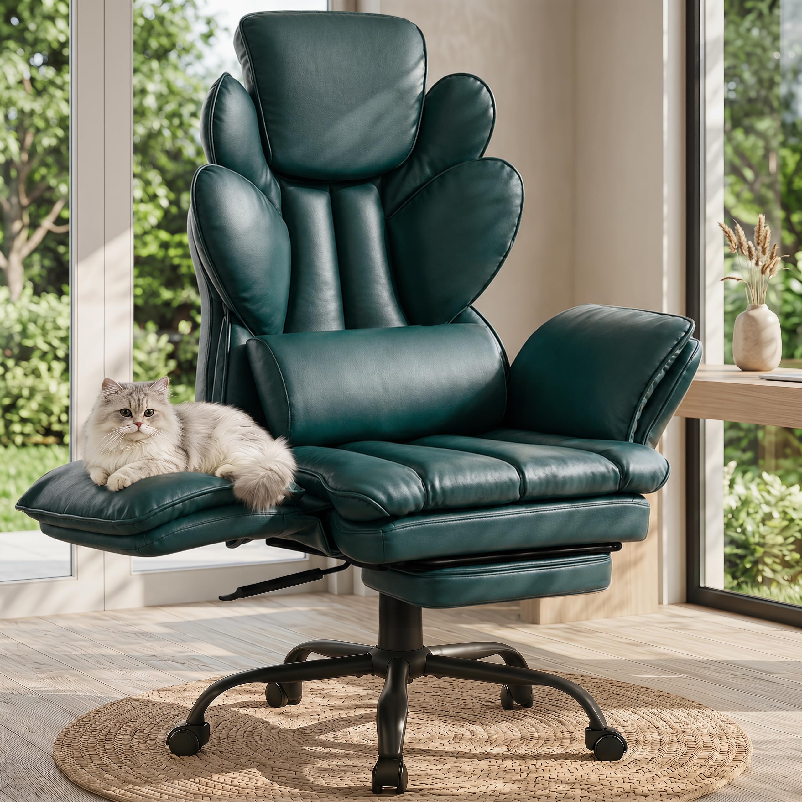 Flip Armrests Criss Cross Office Chair, Reclining Office Chair with Foot Rest, Adjustable Headrest, Massage Waist Pillow, Cross Legged Big and Tall Desk Chair Wide Seat Vanity Chair, PU Leather White