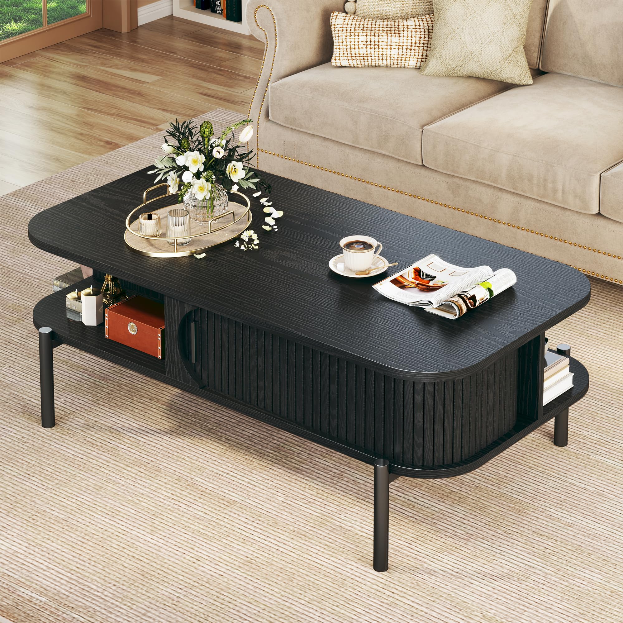 Coffee Table, 39.4" Mid Century Modern Coffee Tables for Living Room, Coffee Table with Storage Open Shelf, Fluted Table with Sliding Cabinet Door, 2-Tier Rustic Wood Desktop, Walnut
