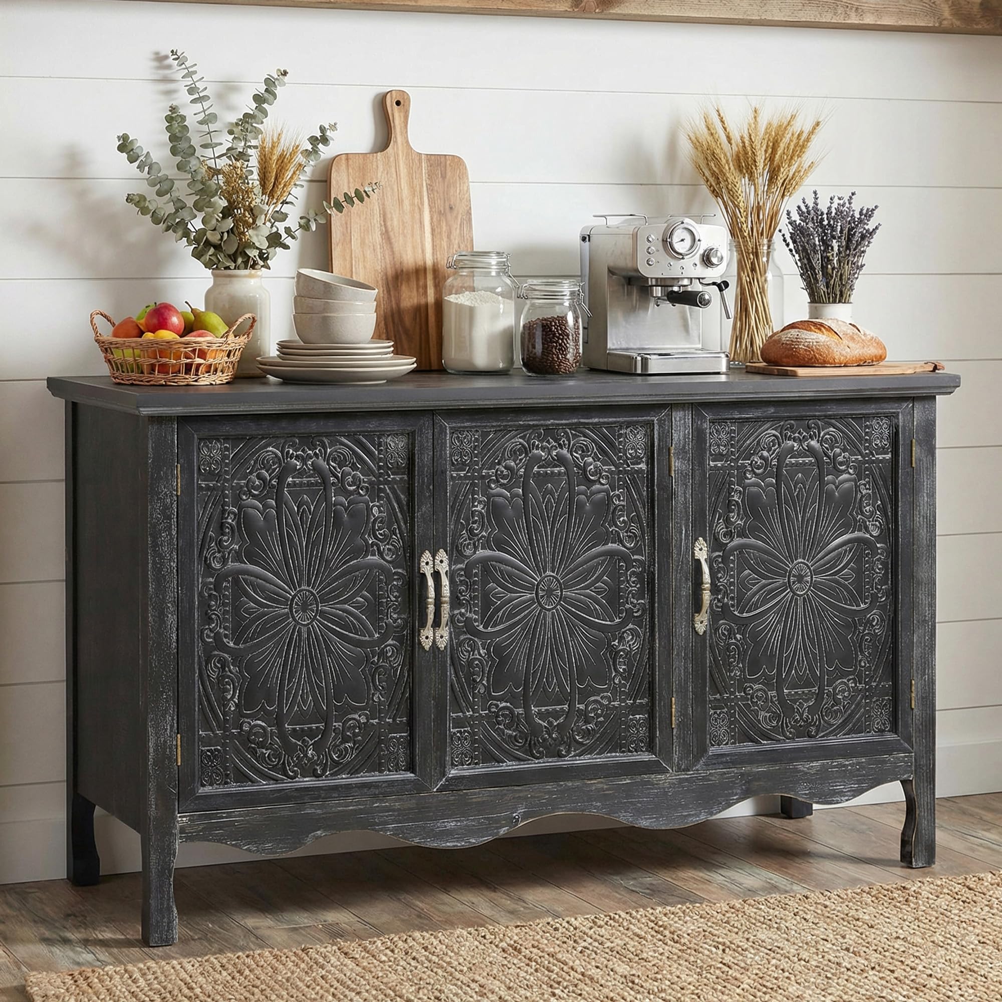RoyalCraft Farmhouse Sideboard Buffet Cabinet with Storage, 49" Solid Wood Credenza Buffet Table Coffee Bar Wine Bar Storage Cabinet with 3 Doors for Dining Room Living Room Hallway, (Provence Gray)