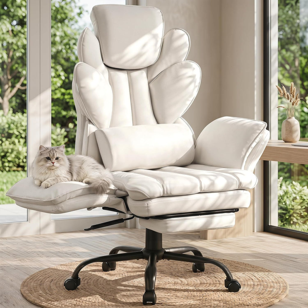Flip Armrests Criss Cross Office Chair, Reclining Office Chair with Foot Rest, Adjustable Headrest, Massage Waist Pillow, Cross Legged Big and Tall Desk Chair Wide Seat Vanity Chair, PU Leather White