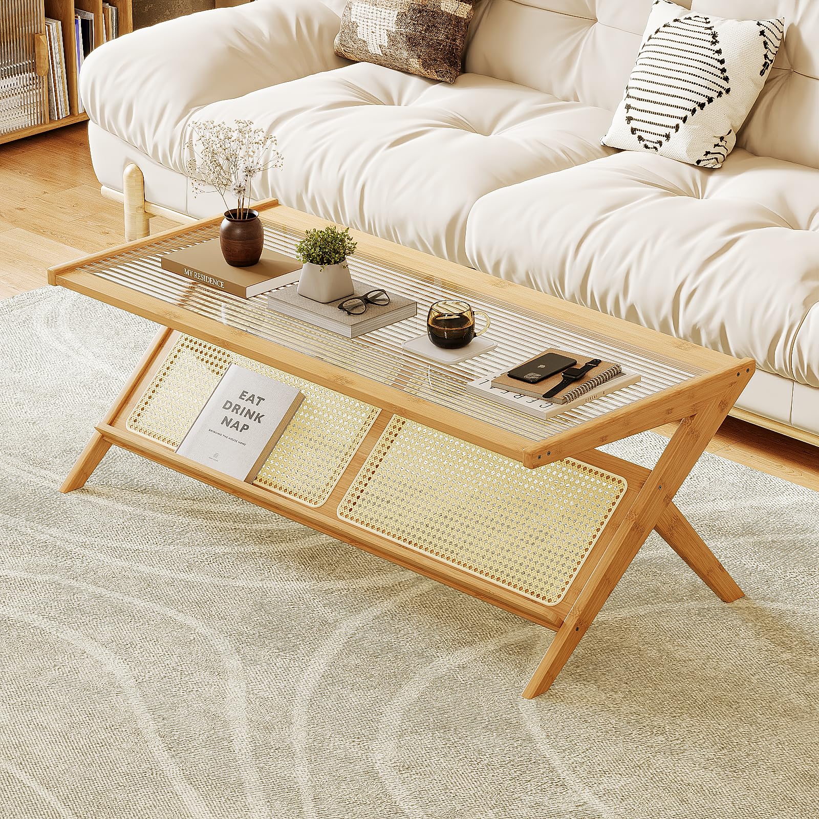 Bamworld Rattan Coffee Table with Glass Top Mid-Century Modern Center Table with Storage for Living Room Table Brown