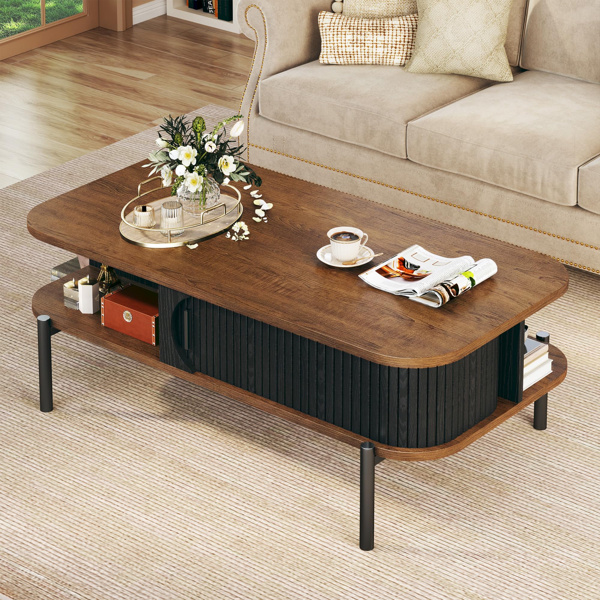 Coffee Table, 39.4" Mid Century Modern Coffee Tables for Living Room, Coffee Table with Storage Open Shelf, Fluted Table with Sliding Cabinet Door, 2-Tier Rustic Wood Desktop, Walnut