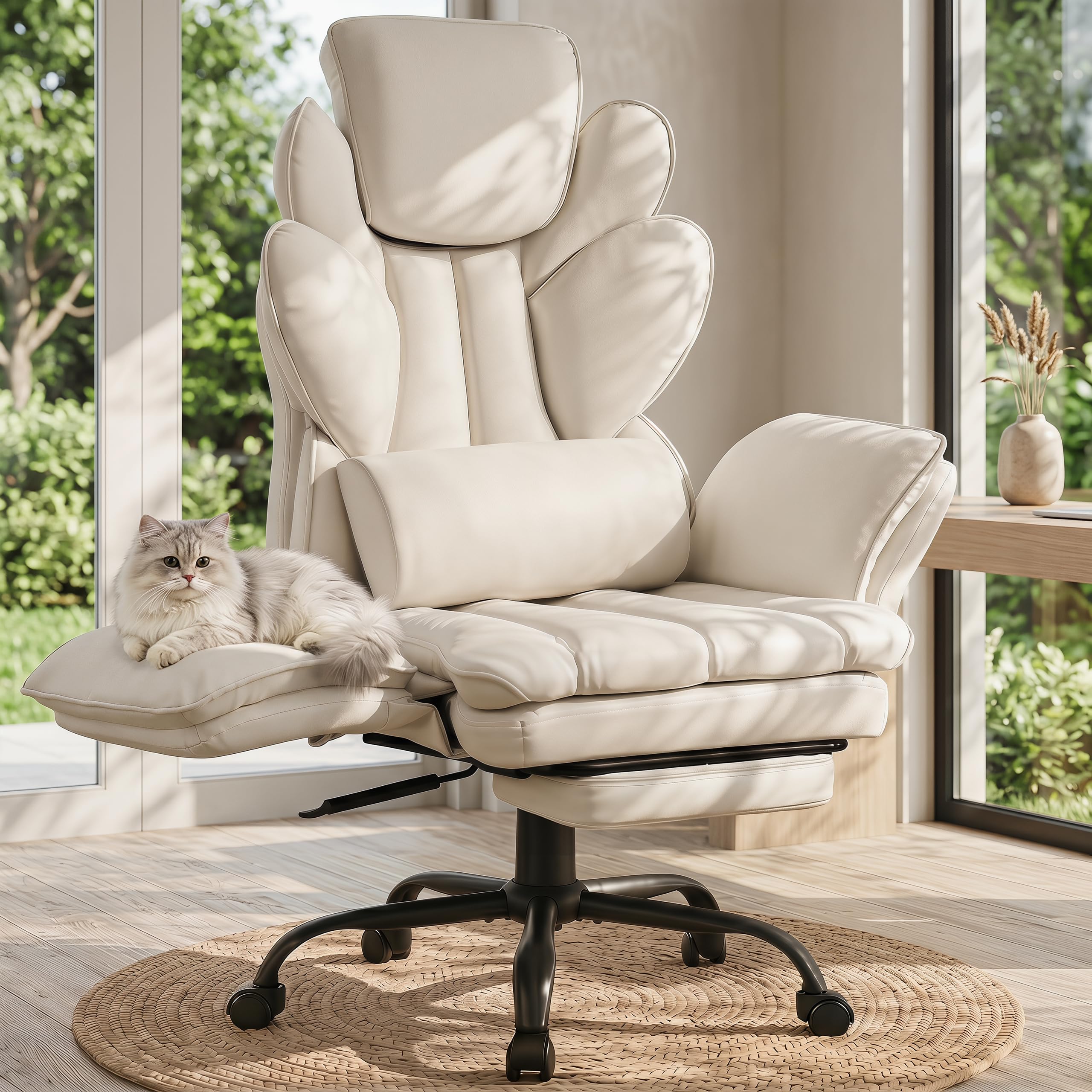 Flip Armrests Criss Cross Office Chair, Reclining Office Chair with Foot Rest, Adjustable Headrest, Massage Waist Pillow, Cross Legged Big and Tall Desk Chair Wide Seat Vanity Chair, PU Leather White