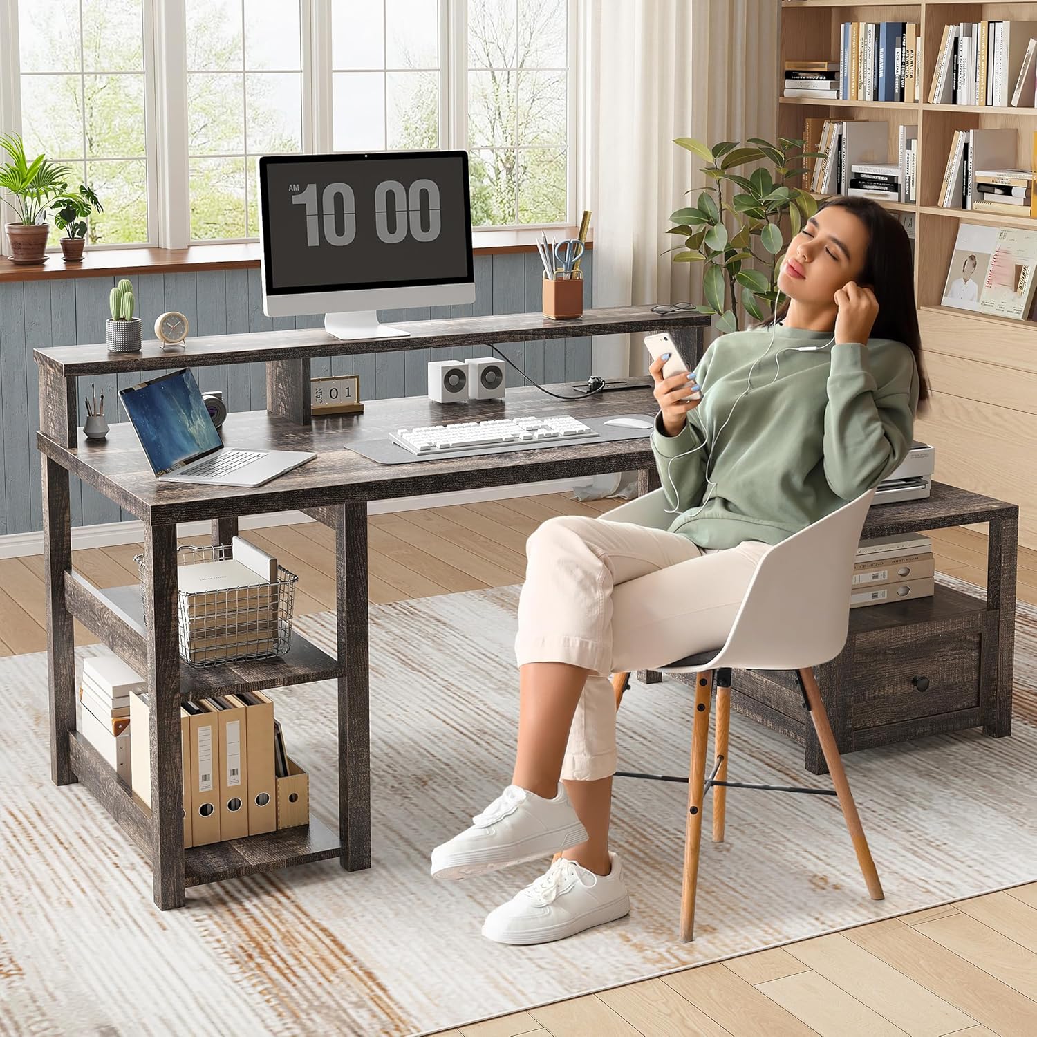 EnHomee 60.4" Computer Desk with Drawer, Office Desk with Monitor Stand, Farmhouse Study Desk with Power Outlet & LED Light, Writing Desk for Home and Study Room, Dark Rustic Oak