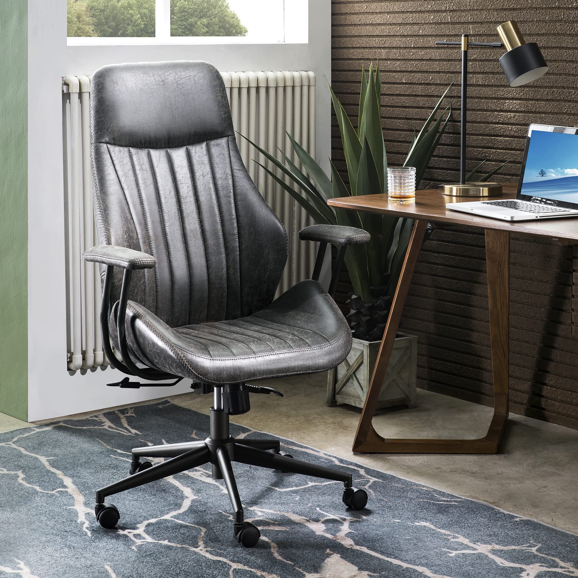 ovios Ergonomic Office Chair, Mid Back Faux Leather Executive Chairs with Armrests, Comfy Mid-Century Modern Swivel Rolling Computer Armchair (Brown, Suede Leather)