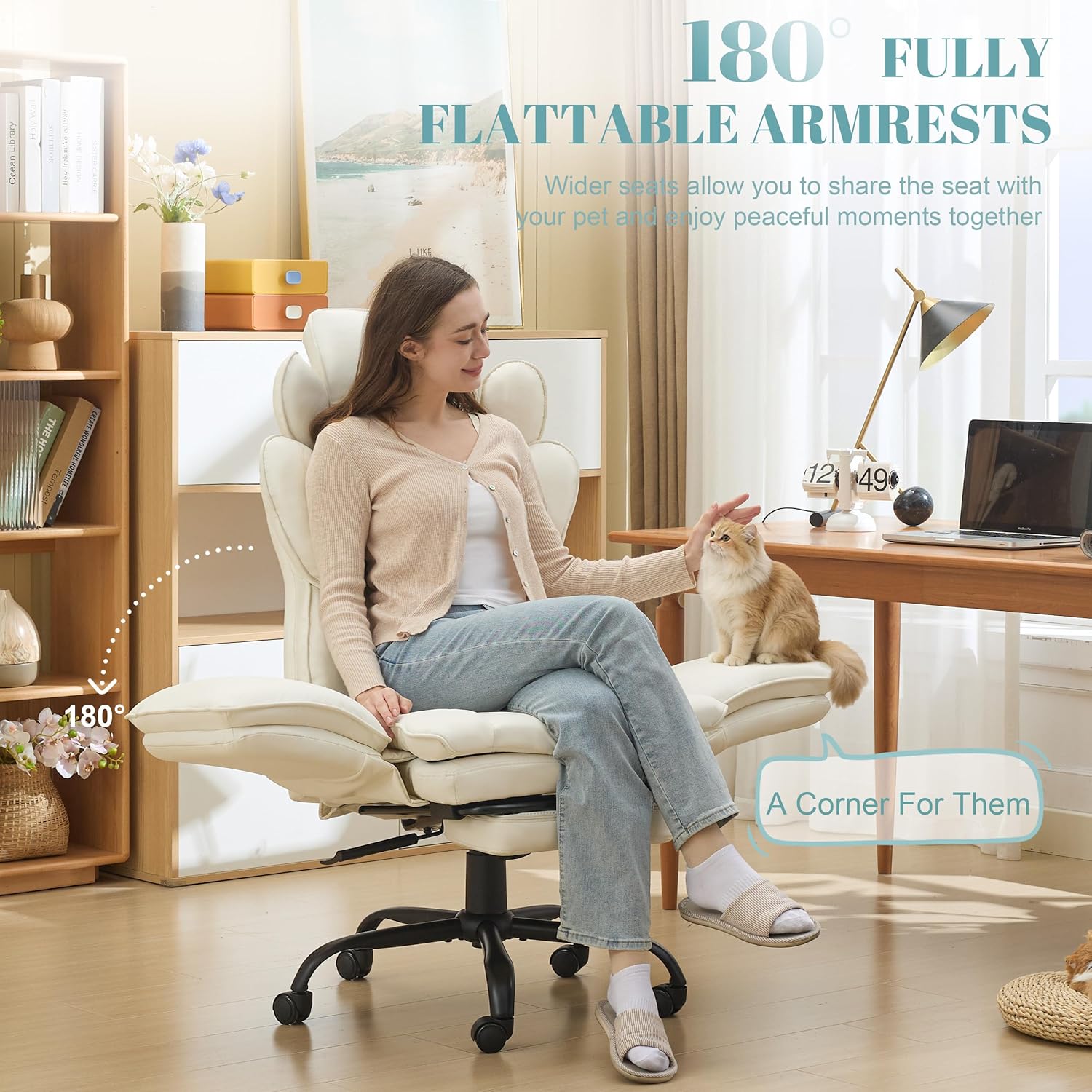 Flip Armrests Criss Cross Office Chair, Reclining Office Chair with Foot Rest, Adjustable Headrest, Massage Waist Pillow, Cross Legged Big and Tall Desk Chair Wide Seat Vanity Chair, PU Leather White