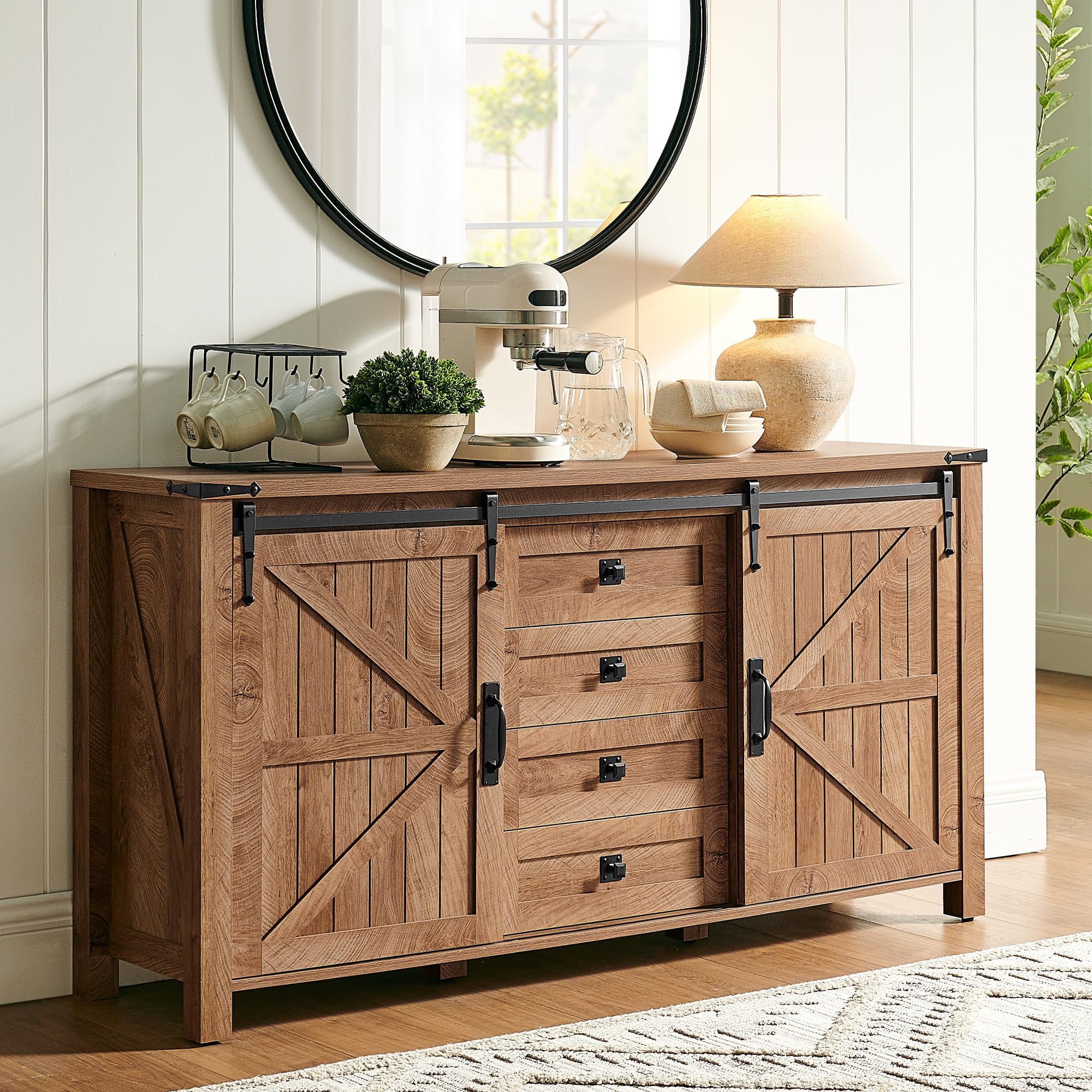 T4TREAM Farmhouse Sideboard Buffet Cabinet with Storage, 60" Large Kitchen Cabinet w/Sliding Barn Doors and 4 Drawers, 31.2'' Tall Rustic Wood Coffee Bar Table for Dining Room,Reclaimed Barnwood Color