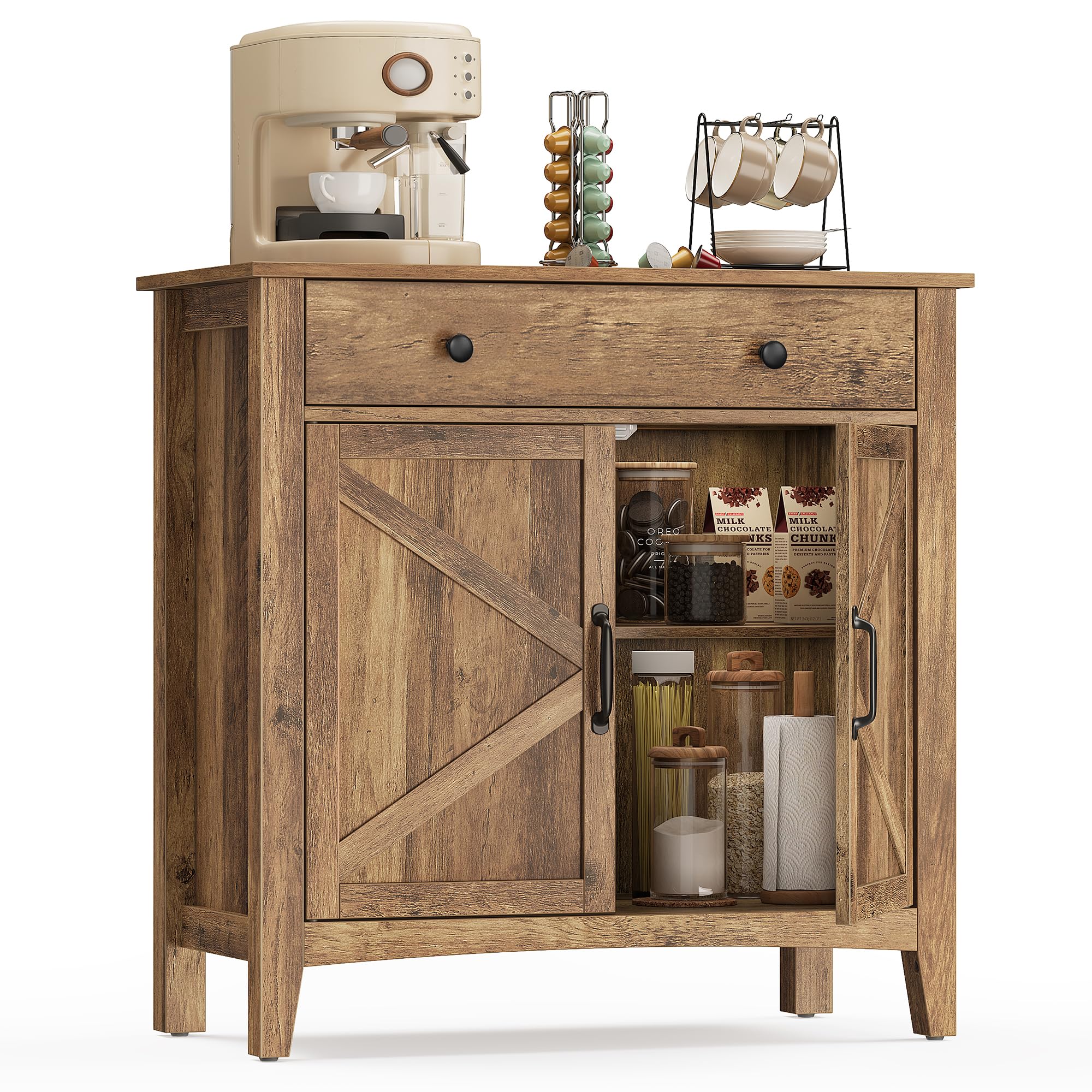 VASAGLE LIRY Collection - Buffet Cabinet, Coffee Bar Cabinet with 2 Drawers, Adjustable Shelves, Sideboard Storage with Cable Holes, Drawer Dividers, Rustic White and Honey Brown UBBK381W01