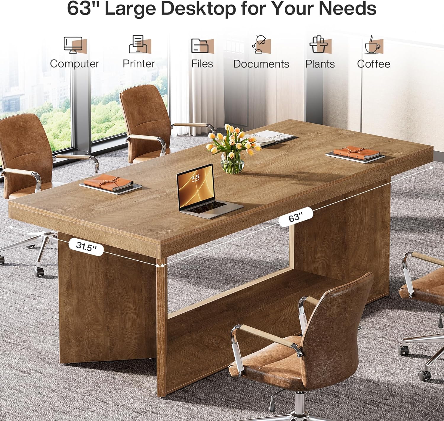 Tribesigns 63-Inch Executive Desk, Large Office Computer Desk with Heavy Duty Pedestal, Farmhouse Simple Workstations Writing Table for Home Office, Rustic Brown