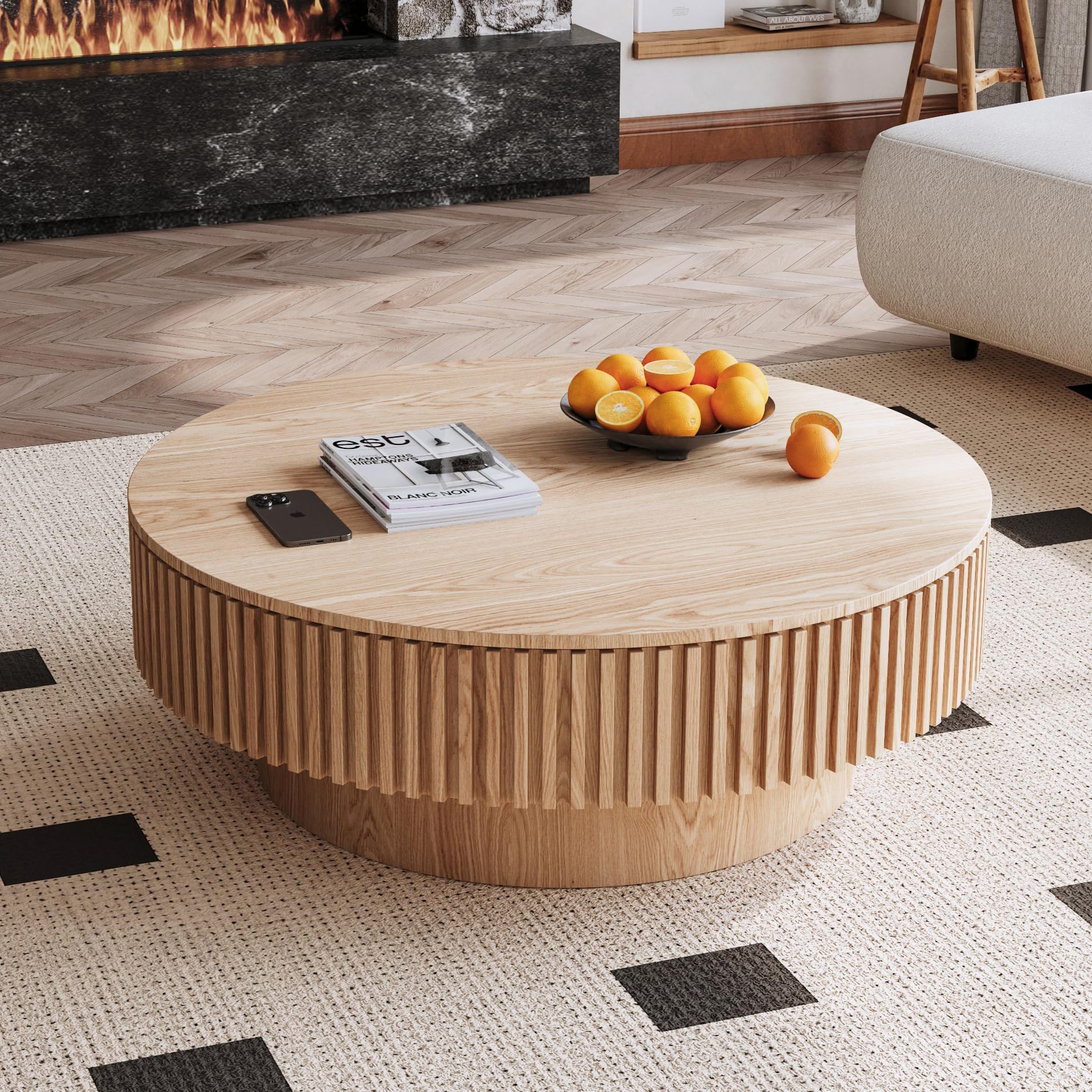 31" Round Coffee Table for Living Room, Mid Century Modern Coffee Table with Sturdy Pedestal, Circle Center Table Accent Tea Table for Apartment Walnut