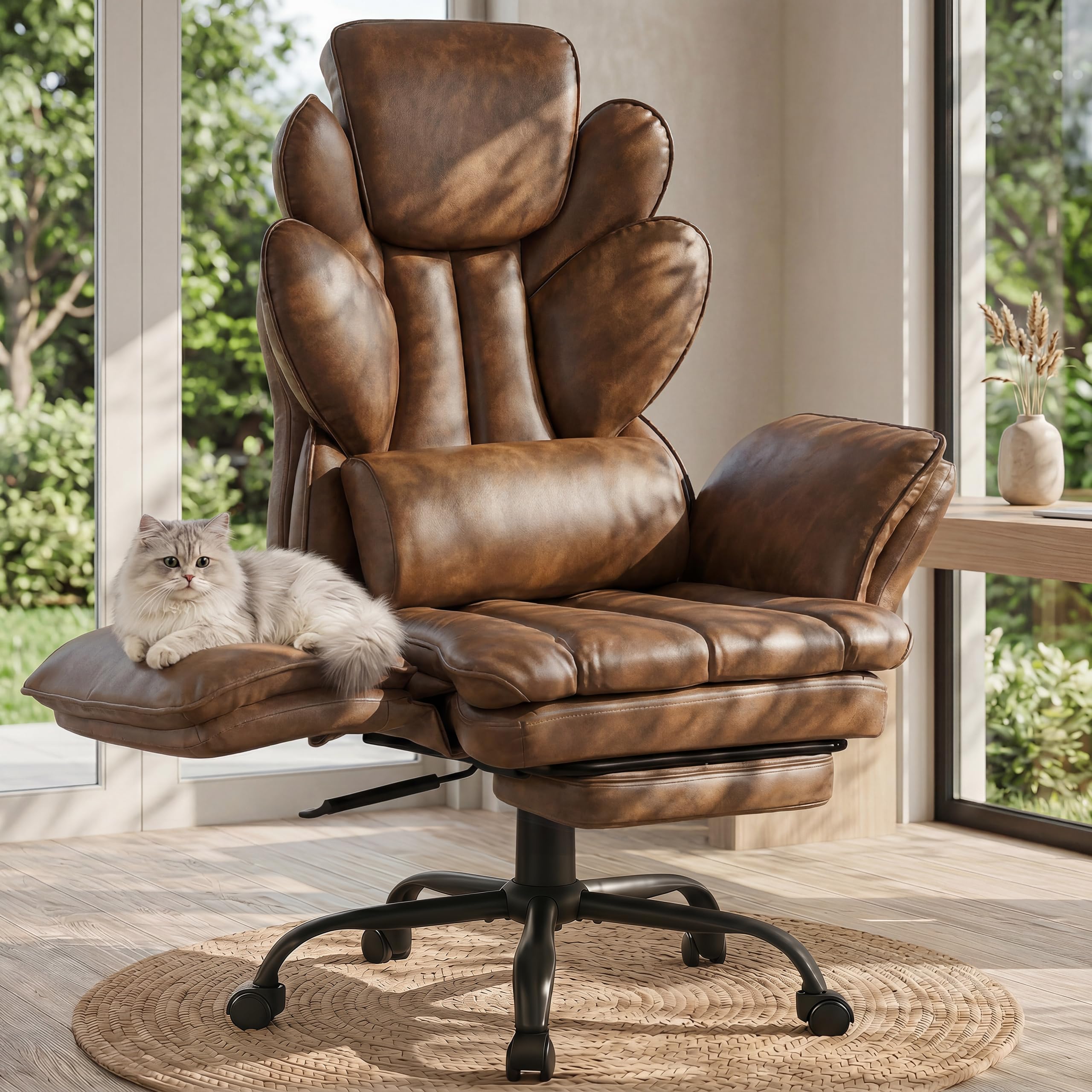 Flip Armrests Criss Cross Office Chair, Reclining Office Chair with Foot Rest, Adjustable Headrest, Massage Waist Pillow, Cross Legged Big and Tall Desk Chair Wide Seat Vanity Chair, PU Leather White