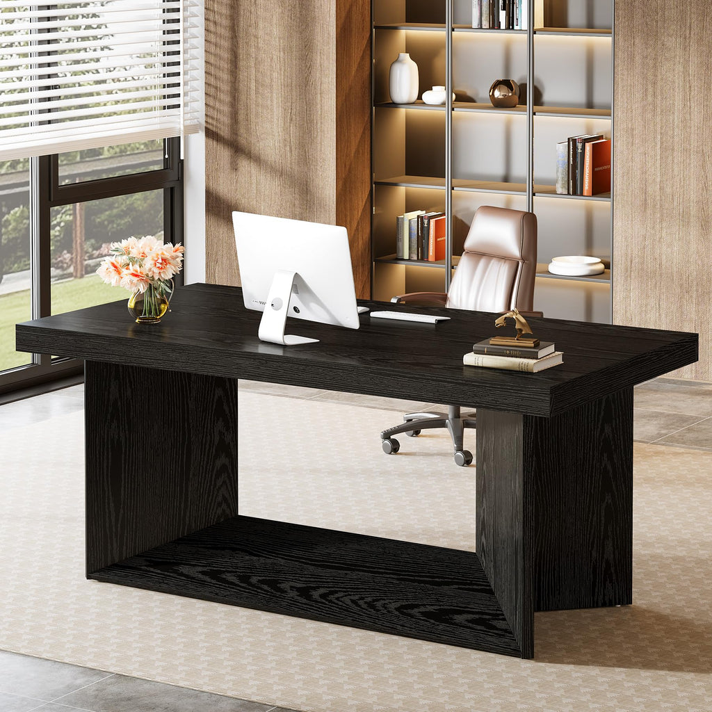 Tribesigns 63-Inch Executive Desk, Large Office Computer Desk with Heavy Duty Pedestal, Farmhouse Simple Workstations Writing Table for Home Office, Rustic Brown