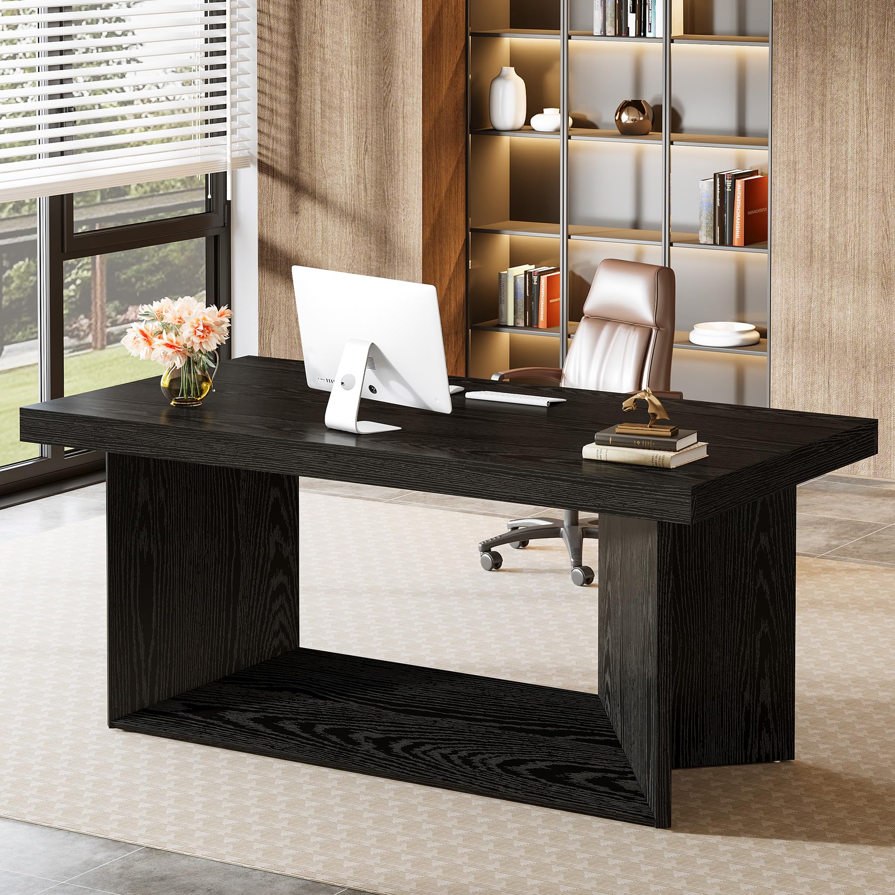 Tribesigns 63-Inch Executive Desk, Large Office Computer Desk with Heavy Duty Pedestal, Farmhouse Simple Workstations Writing Table for Home Office, Rustic Brown