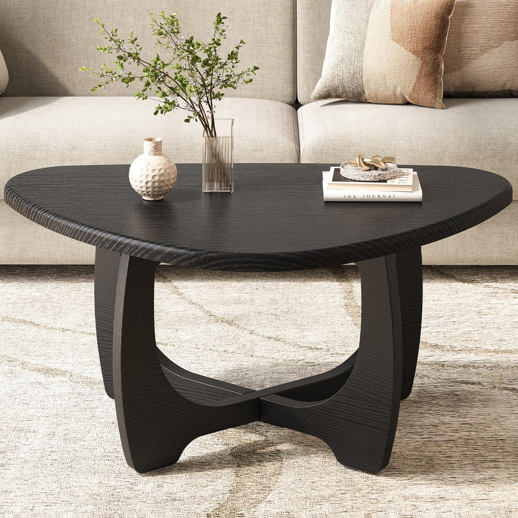 Coffee Table for Living Room - Mid Century Modern Coffee Tables with Triangle Top, Unique Small Round Coffee Table, Wood Oval Tea Table with Solid Legs for Bedroom, 35.8"x 22.5" x 16.2" Walnut