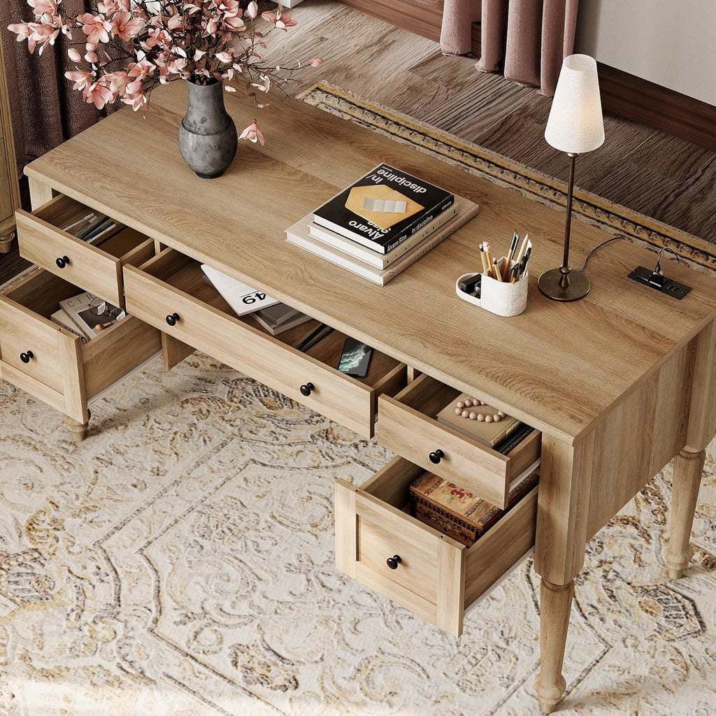 WAMAPT Farmhouse Executive Desk with Drawers, Vintage Writing Desk with Charging Station, Home Office Desk with Storage Cabinet & Open Shelf for Study, 56 Inch, Oak