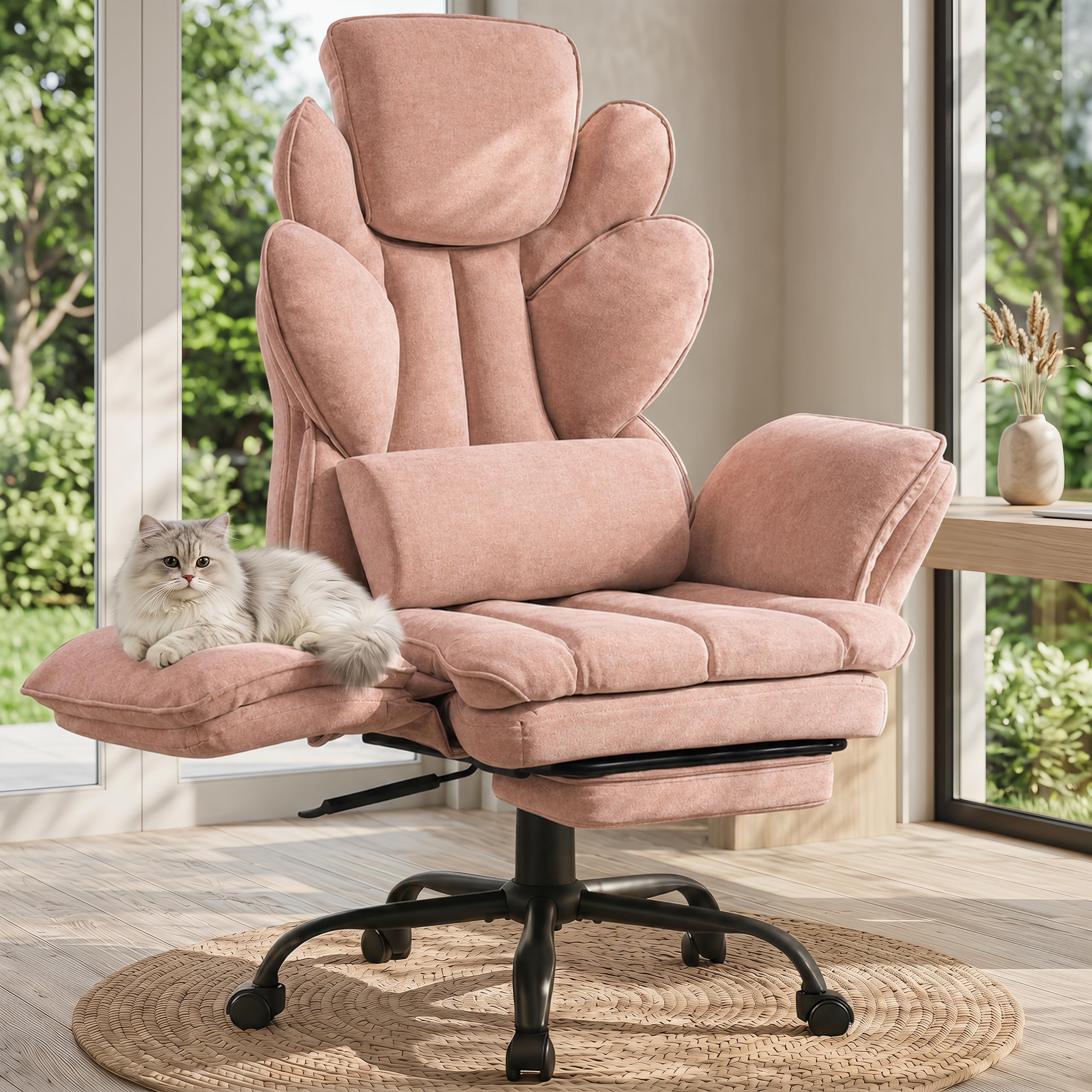 Flip Armrests Criss Cross Office Chair, Reclining Office Chair with Foot Rest, Adjustable Headrest, Massage Waist Pillow, Cross Legged Big and Tall Desk Chair Wide Seat Vanity Chair, PU Leather White