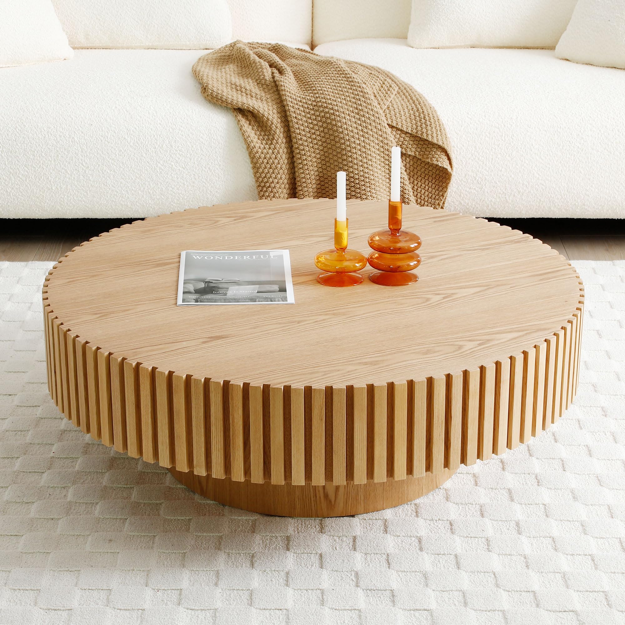 31" Round Coffee Table for Living Room, Mid Century Modern Coffee Table with Sturdy Pedestal, Circle Center Table Accent Tea Table for Apartment Walnut