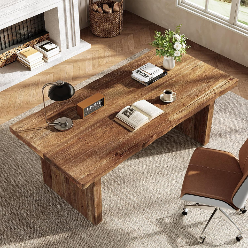 LITTLE TREE 63" Solid Wood Office Desk, Farmhouse Executive Computer Desk, Large Work Writing Table, Rustic Brown Home Office Workstaticon, Business Furniture