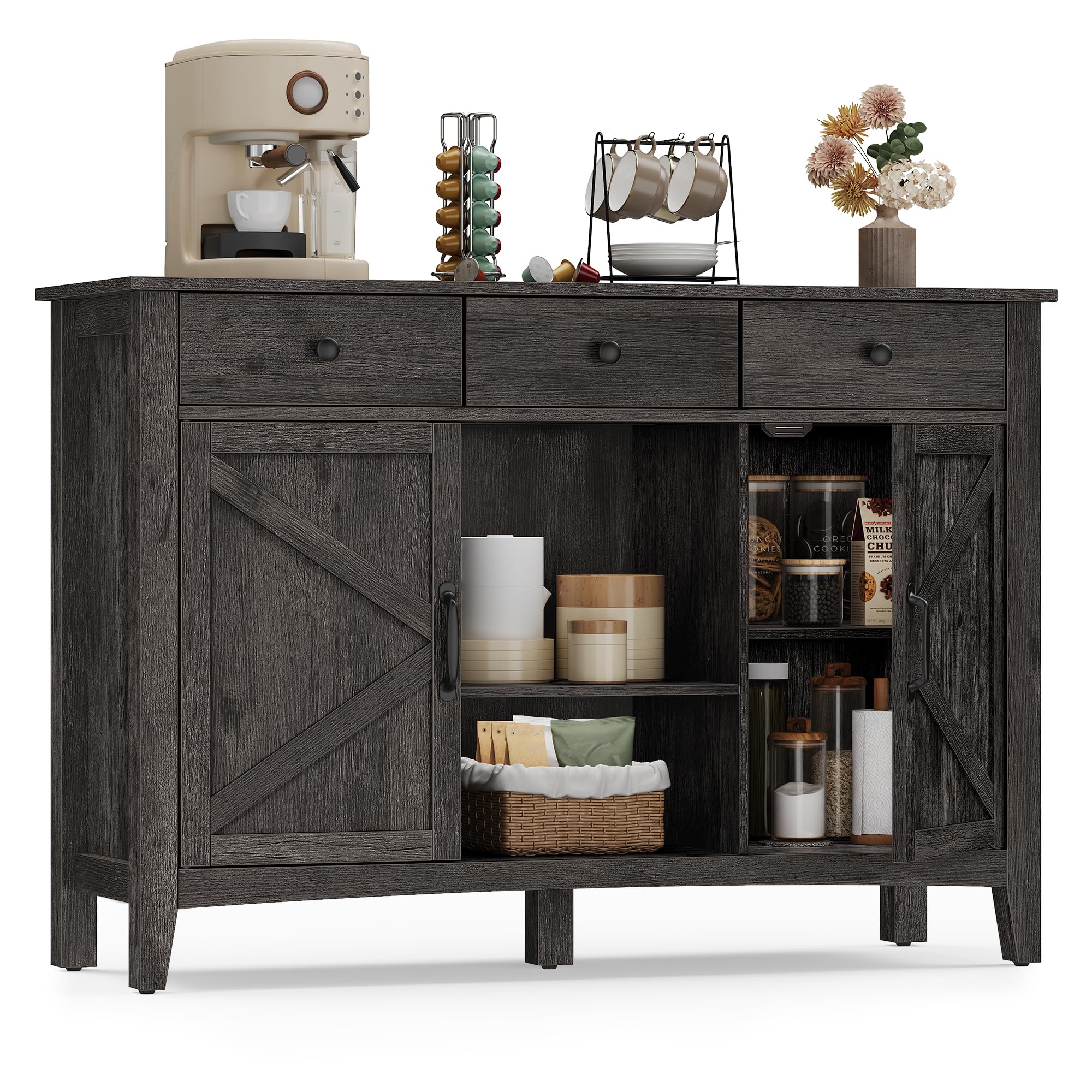 VASAGLE LIRY Collection - Buffet Cabinet, Coffee Bar Cabinet with 2 Drawers, Adjustable Shelves, Sideboard Storage with Cable Holes, Drawer Dividers, Rustic White and Honey Brown UBBK381W01