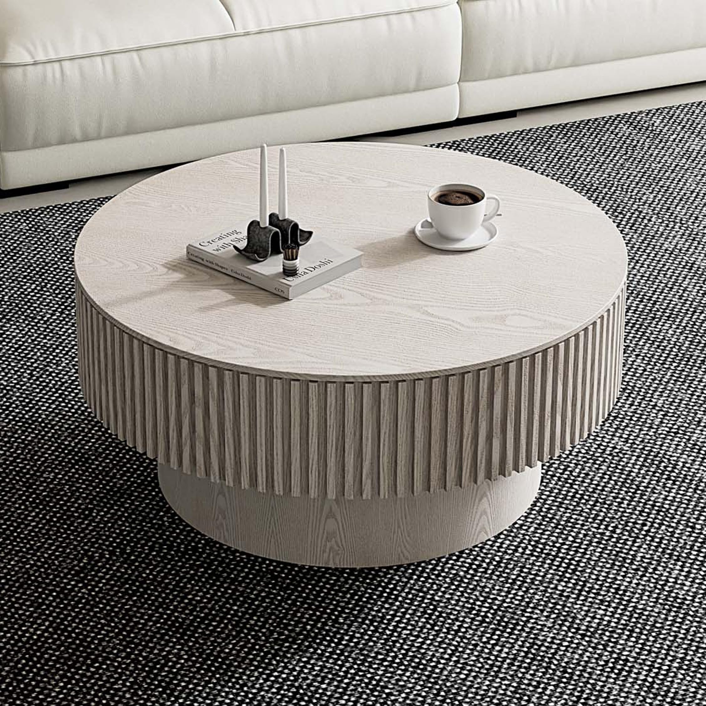 31" Round Coffee Table for Living Room, Mid Century Modern Coffee Table with Sturdy Pedestal, Circle Center Table Accent Tea Table for Apartment Walnut