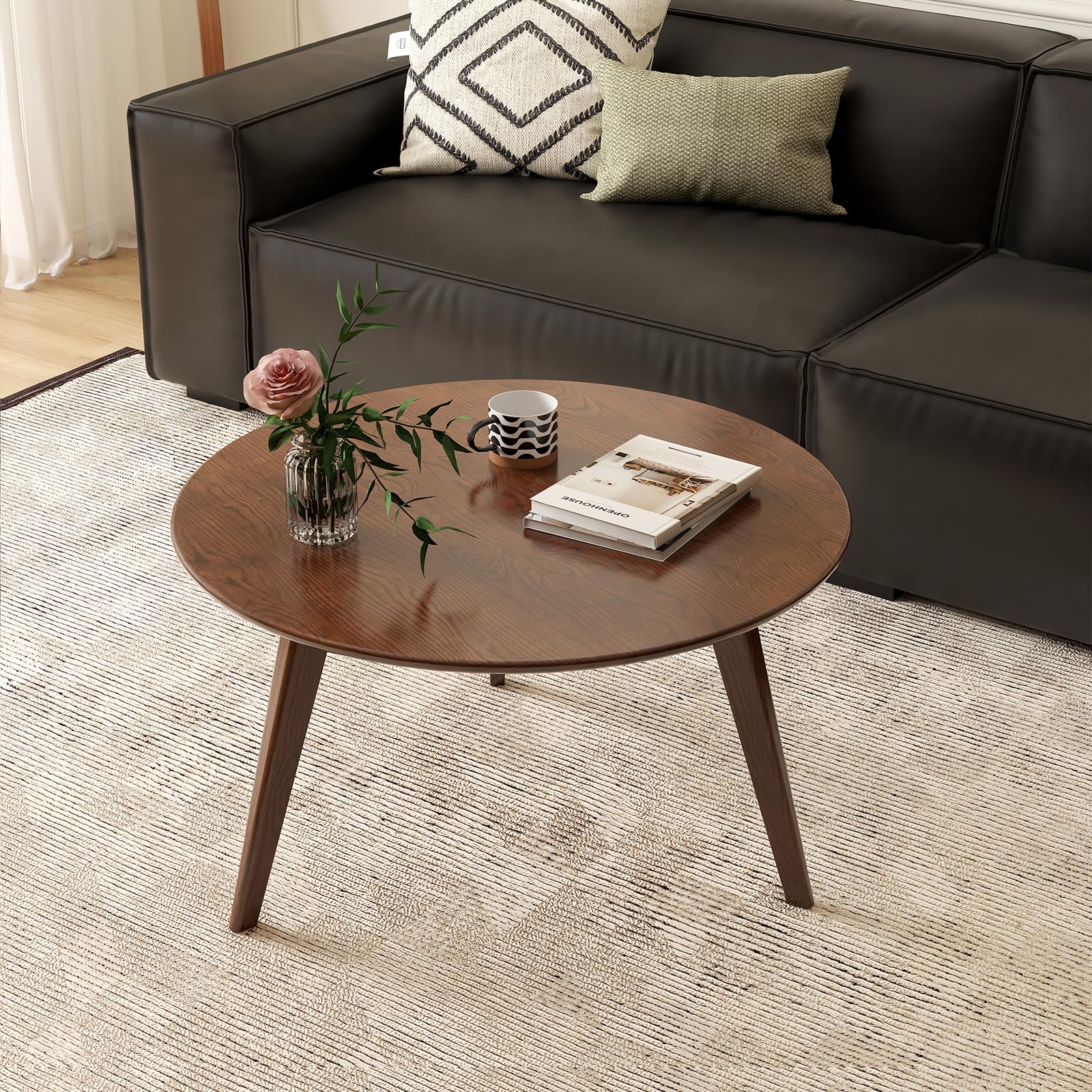 23.62" Walnut Solid Oak Round Mini Coffee Side Table with Wood Legs, Mid Century Accent Table for Living Room Bedroom Balcony